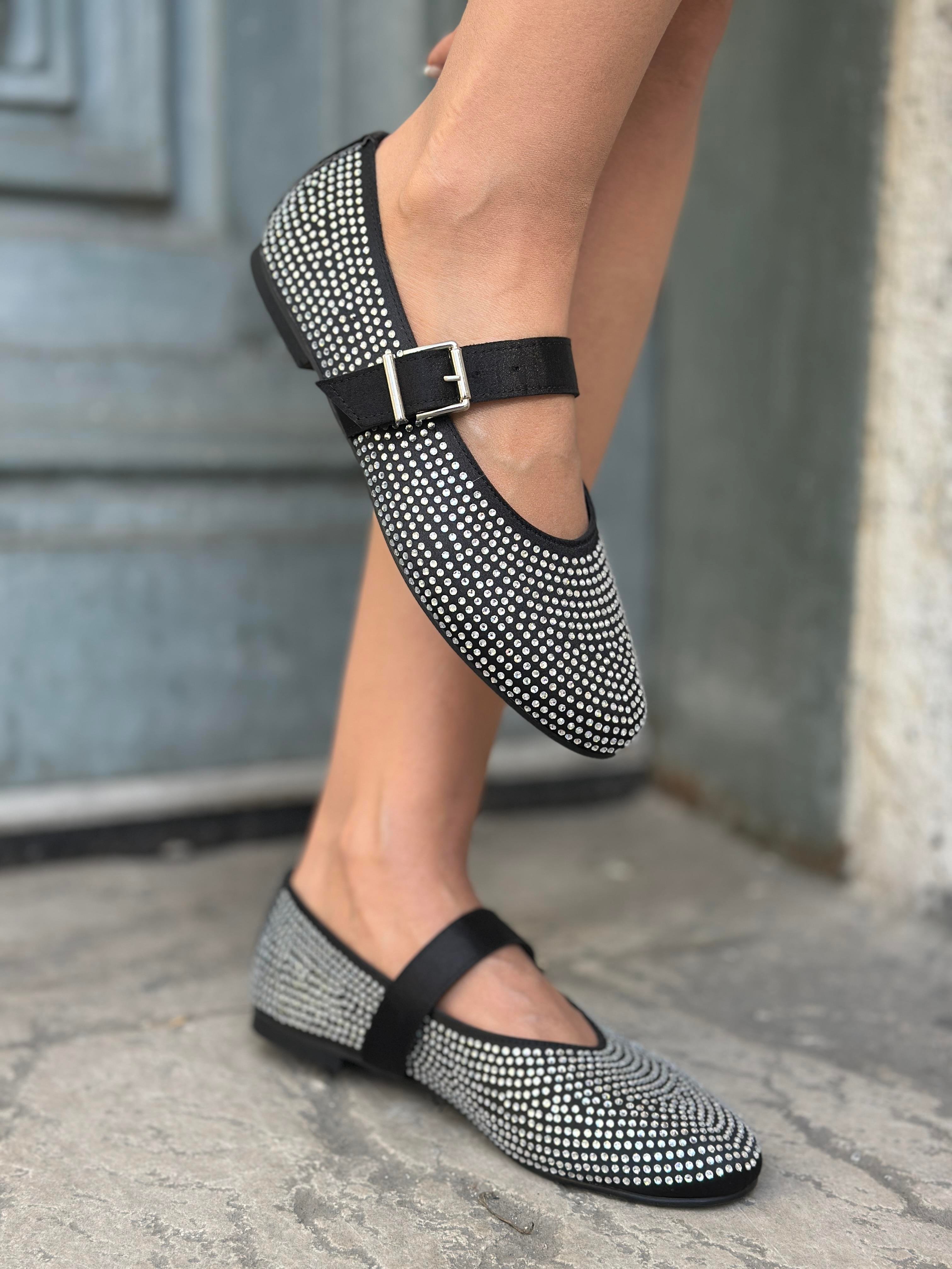 Rossy Kristal Taşlı Özel Tasarım Babet Siyah - KADIN AYAKKABI