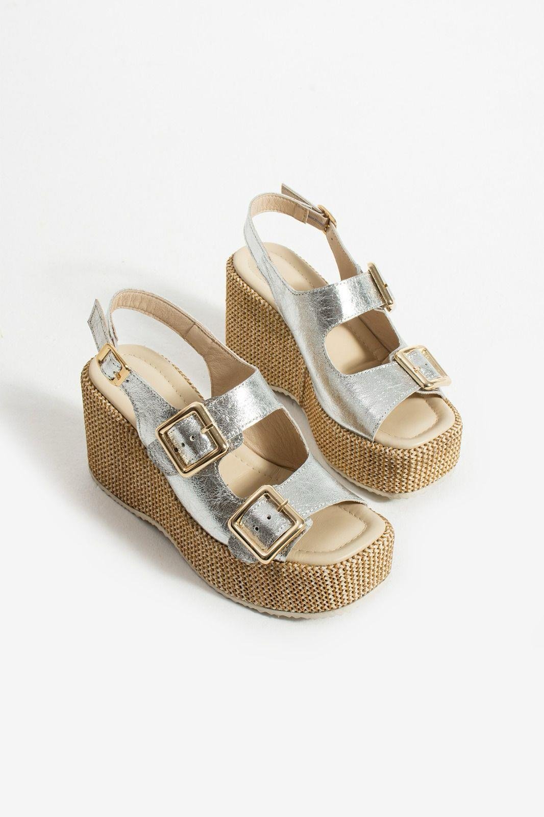 Roxi Hasır Dolgu Topuk Deri Sandalet Gümüş - WOMAN SHOES