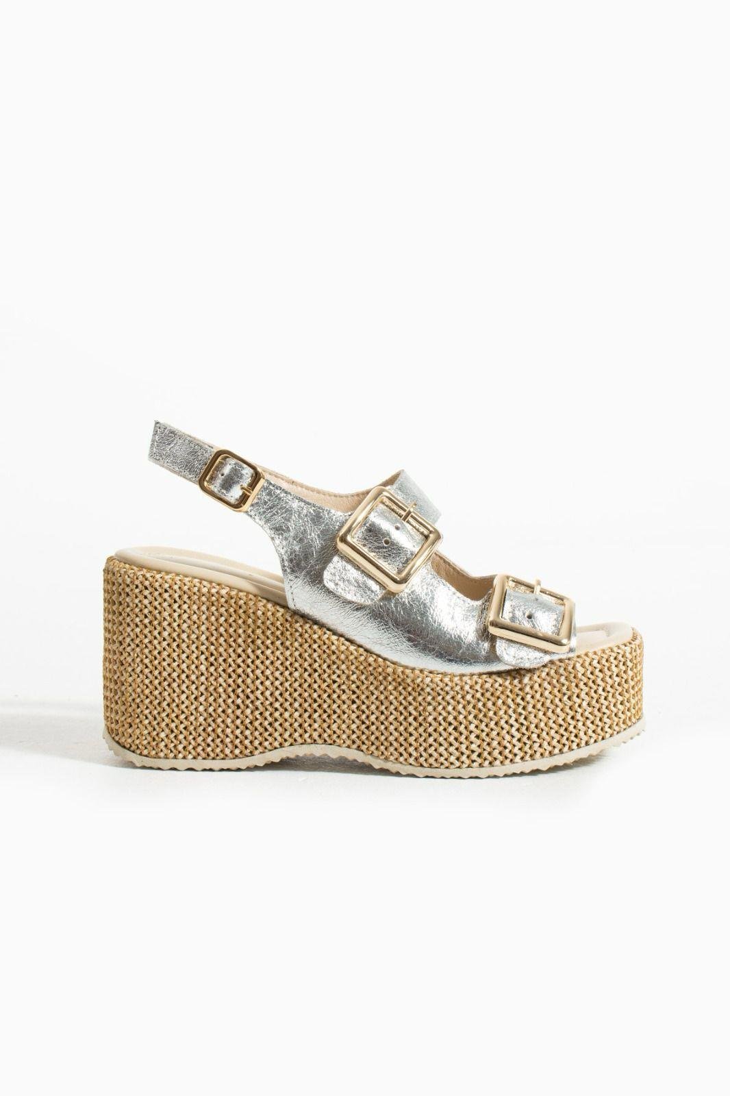 Roxi Hasır Dolgu Topuk Deri Sandalet Gümüş - WOMAN SHOES