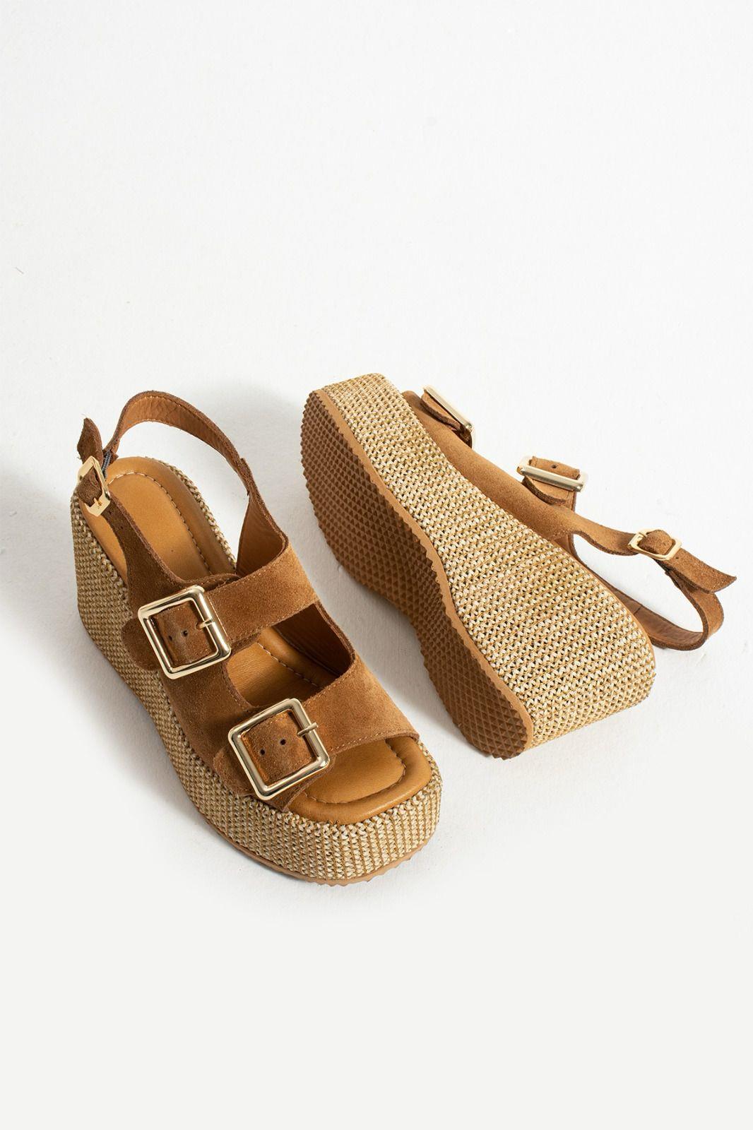 Roxi Hasır Dolgu Topuk Süet Deri Sandalet Taba - WOMAN SHOES