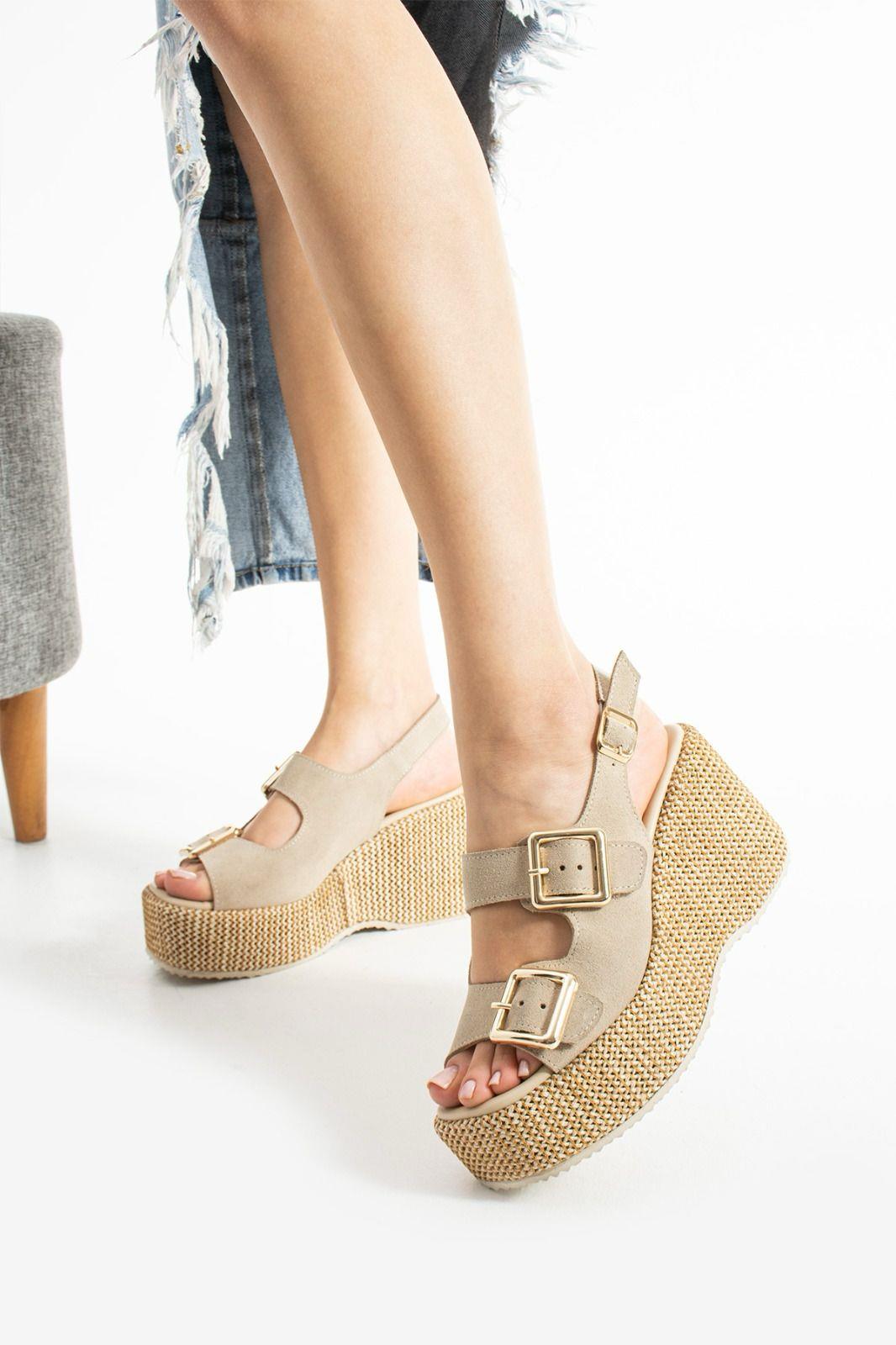 Roxi Hasır Dolgu Topuk Süet Deri Sandalet Bej - WOMAN SHOES
