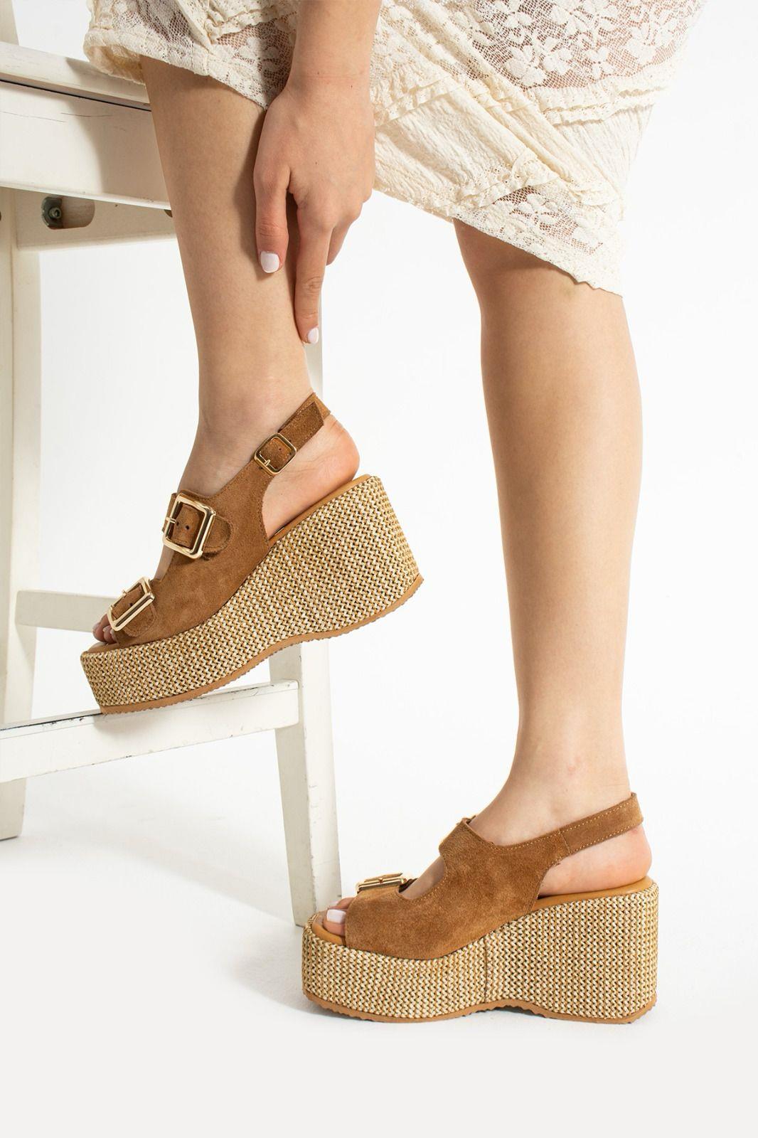 Roxi Hasır Dolgu Topuk Süet Deri Sandalet Taba - WOMAN SHOES