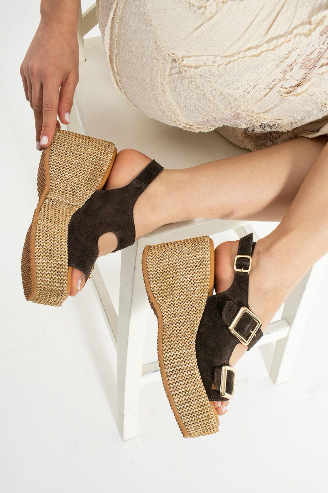 Roxi Hasır Dolgu Topuk Süet Deri Sandalet Koyu Kahve - WOMAN SHOES