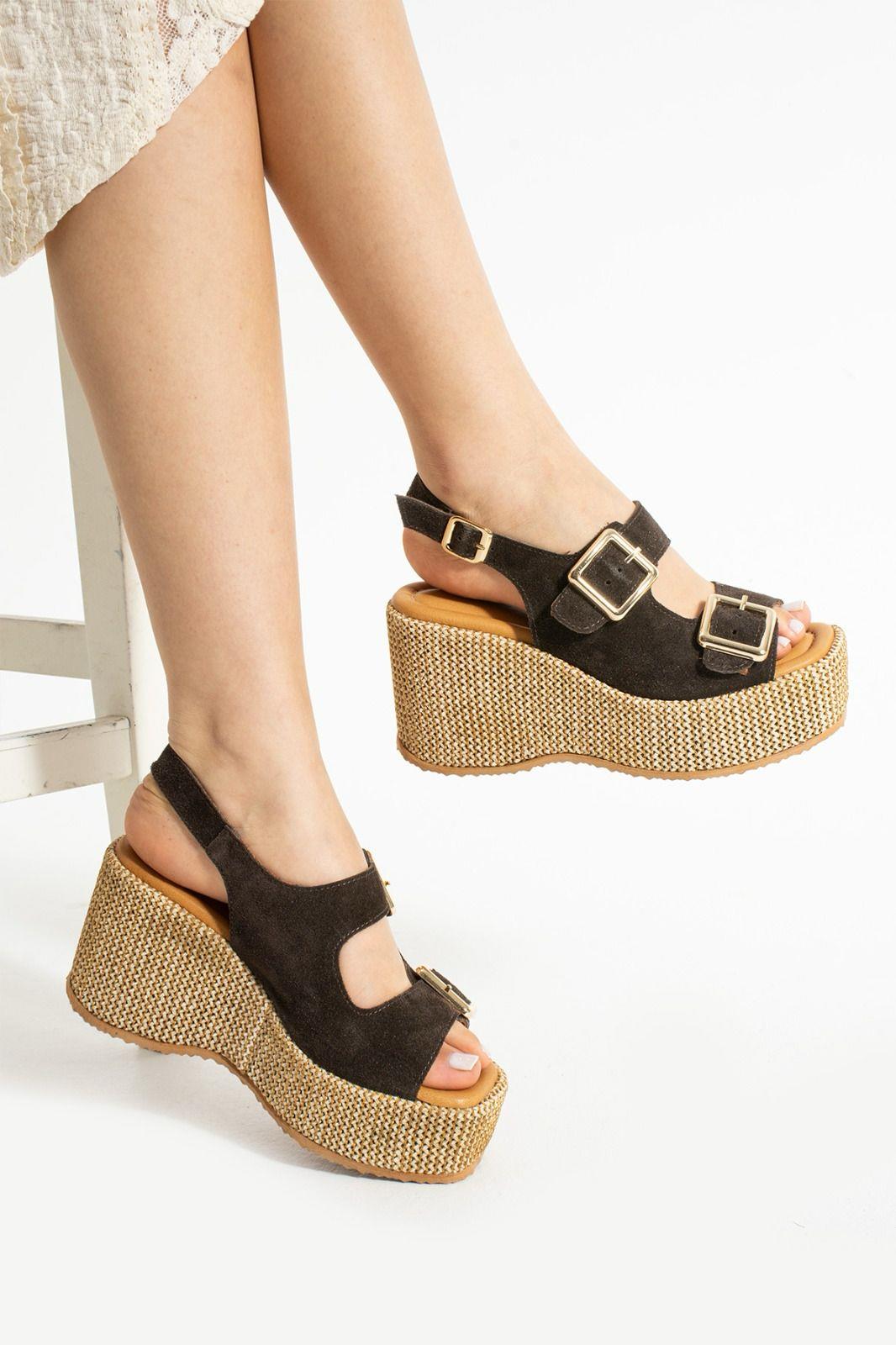 Roxi Hasır Dolgu Topuk Süet Deri Sandalet Koyu Kahve - WOMAN SHOES