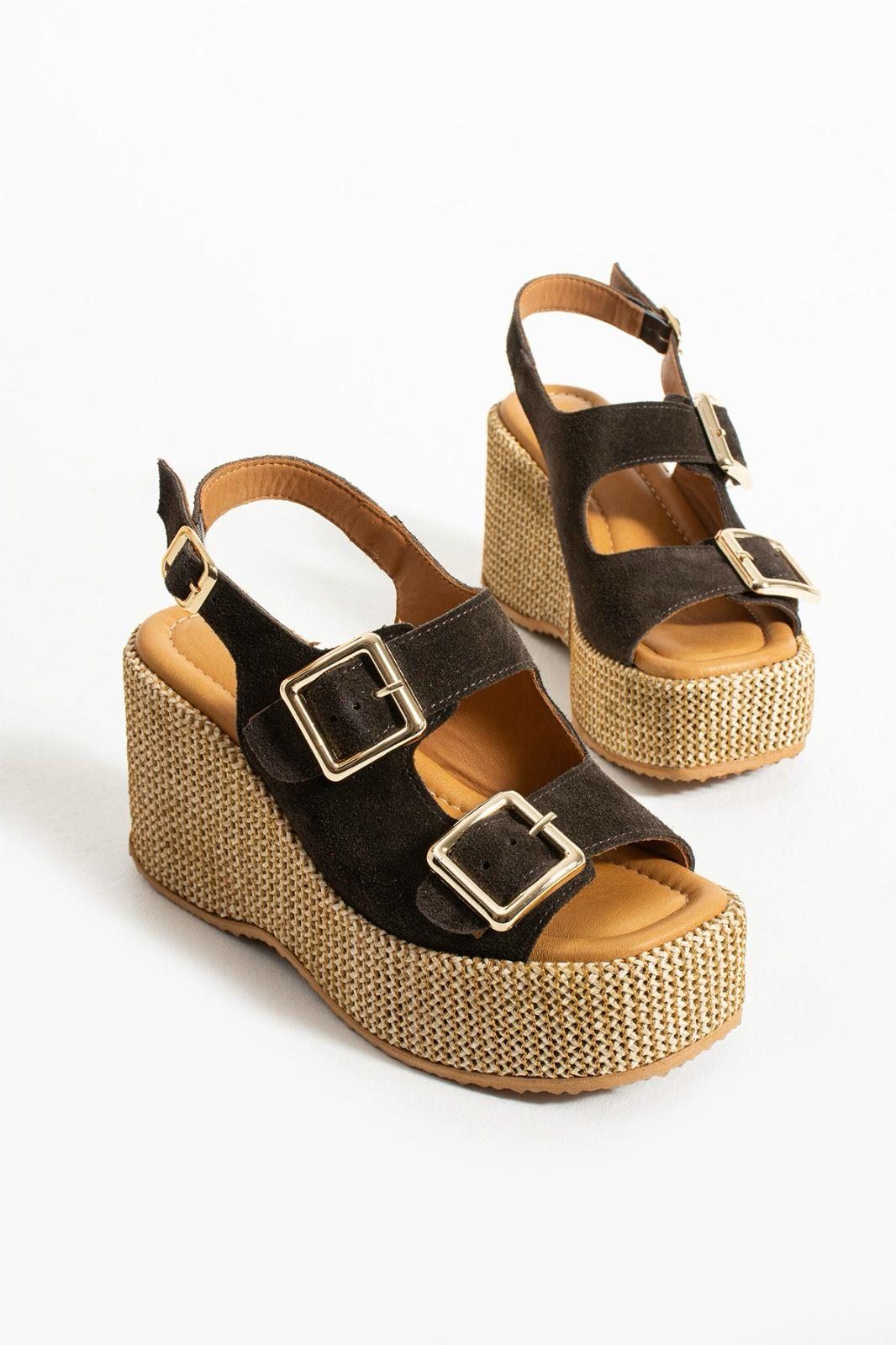 Roxi Hasır Dolgu Topuk Süet Deri Sandalet Koyu Kahve - WOMAN SHOES