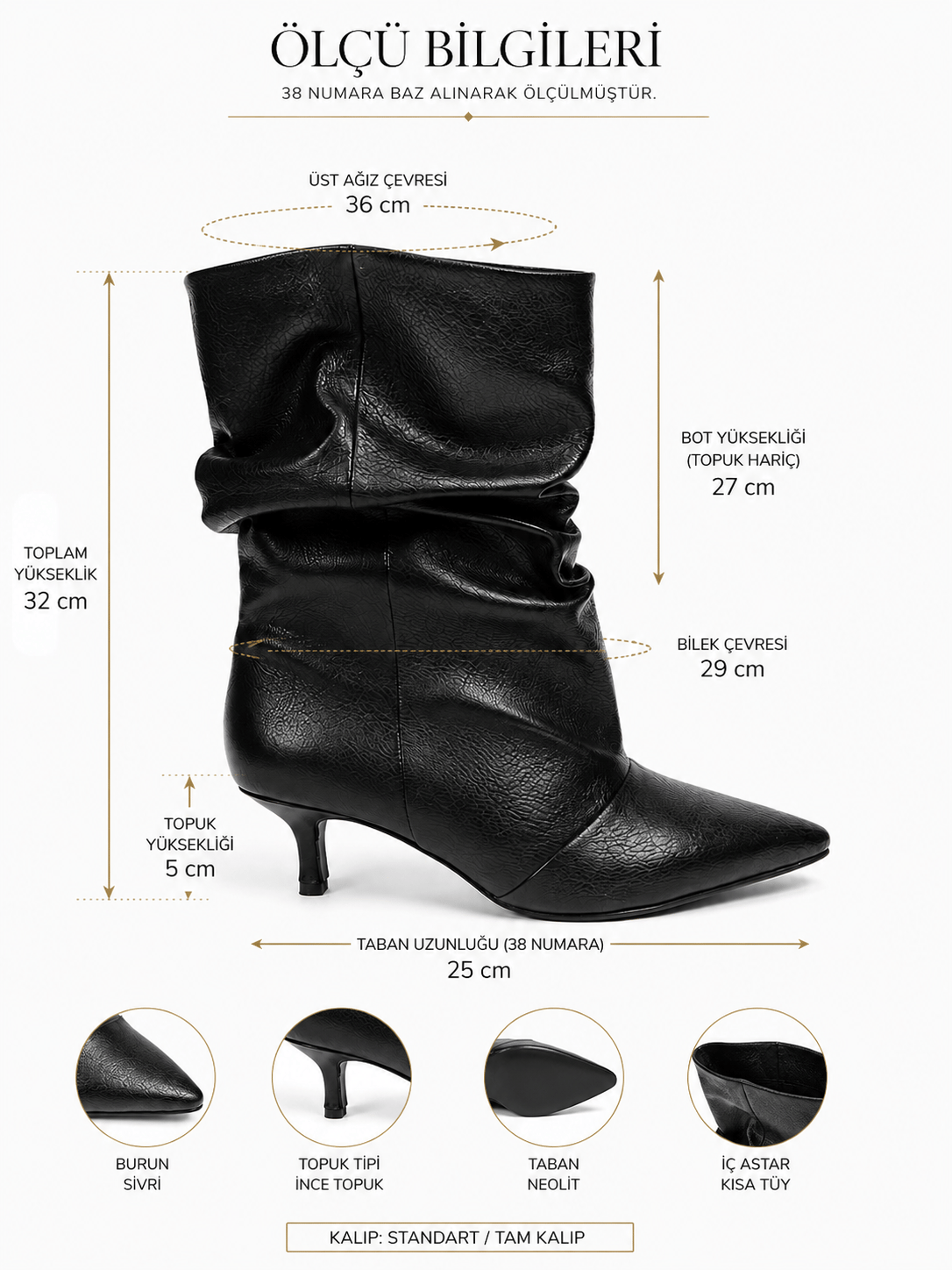 Ruched İnce Topuklu Bot Siyah - 