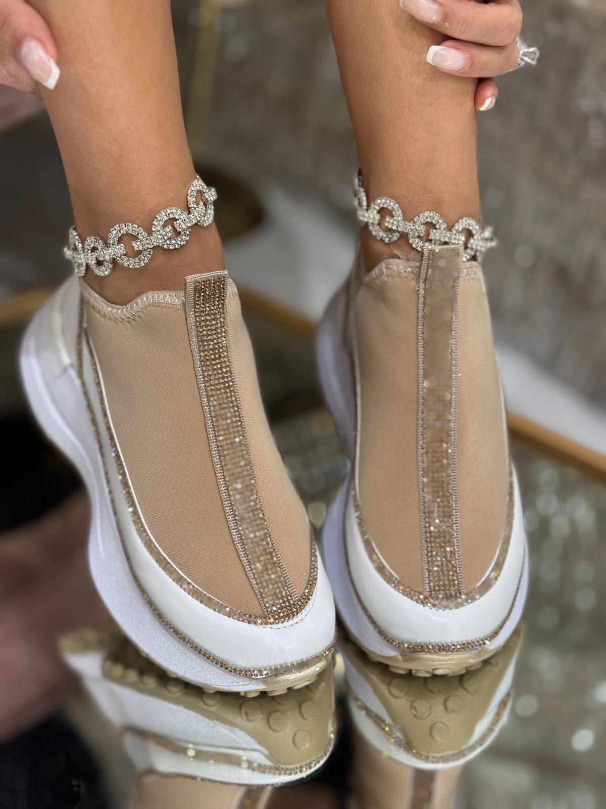 Sagapo Kristal Taşlı Özel Tasarım Spor Ayakkabı Kahverengi - WOMAN SHOES