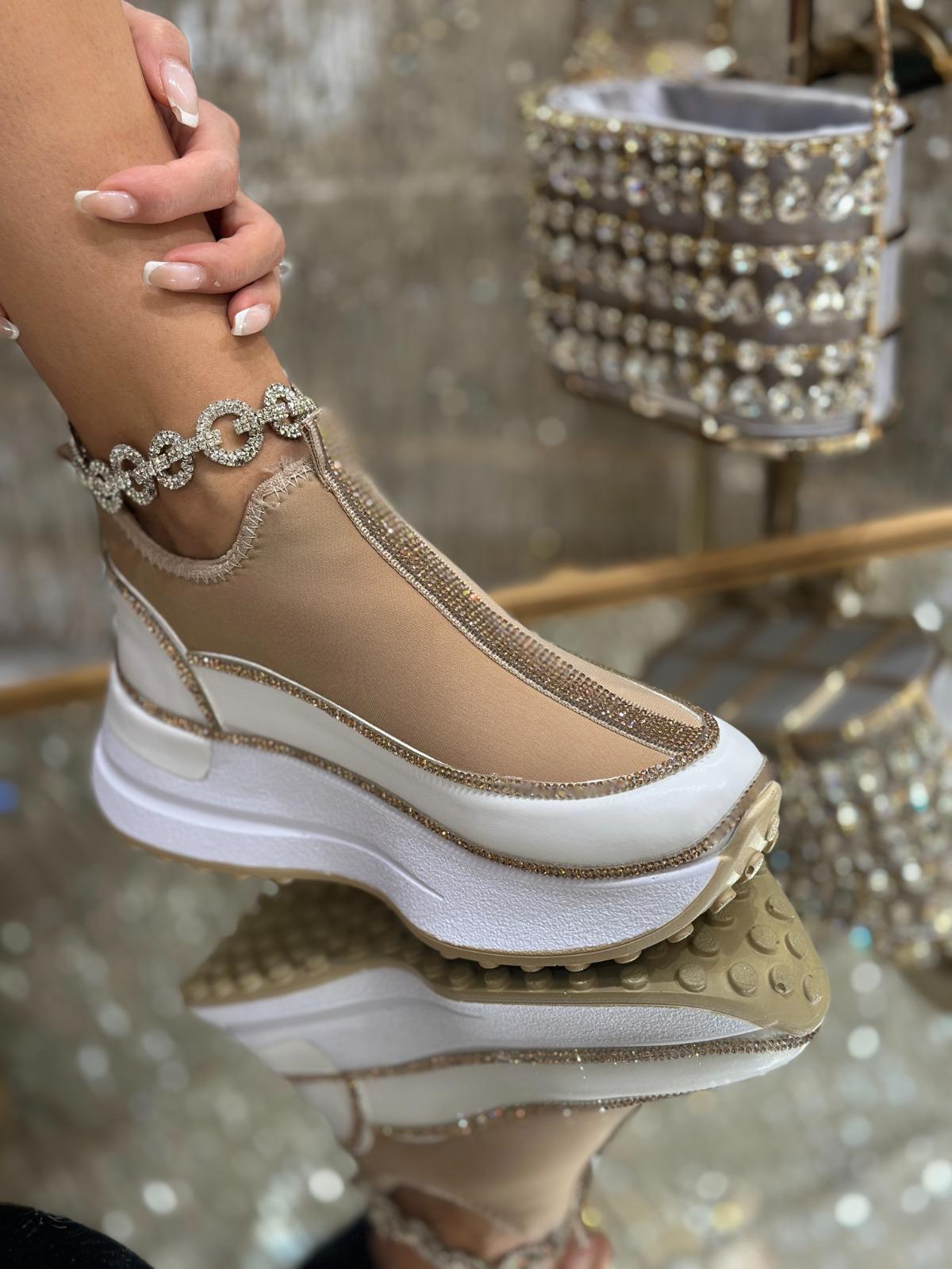 Sagapo Kristal Taşlı Özel Tasarım Spor Ayakkabı Kahverengi - WOMAN SHOES