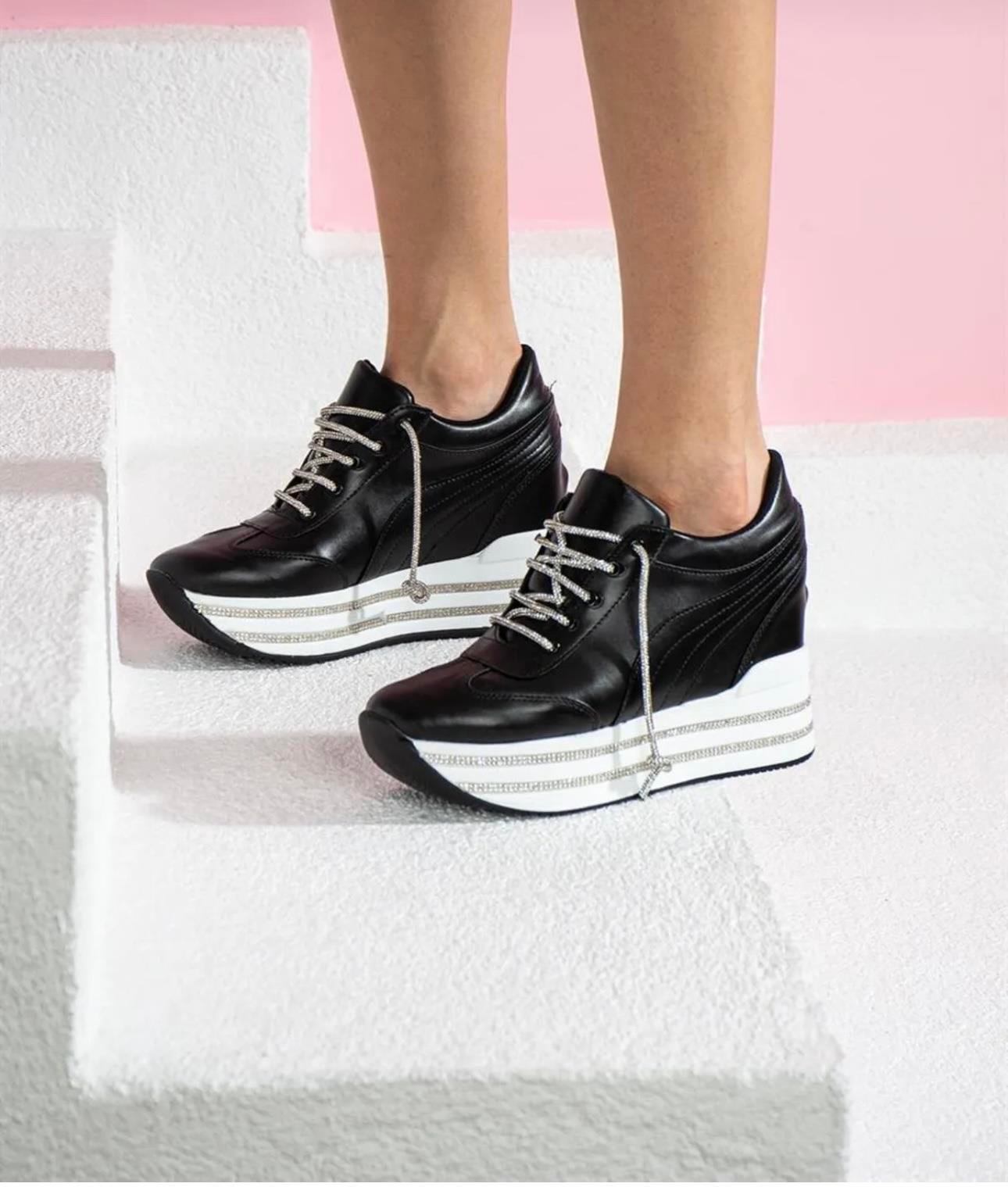 Santio Kristal Taşlı Gizli Topuk Spor Ayakkabı Siyah - WOMAN SHOES