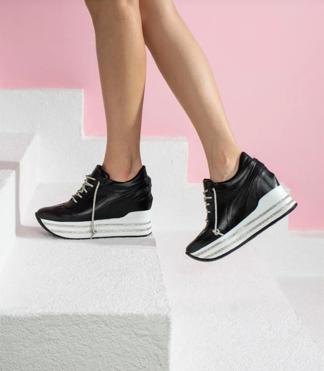 Santio Kristal Taşlı Gizli Topuk Spor Ayakkabı Siyah - WOMAN SHOES