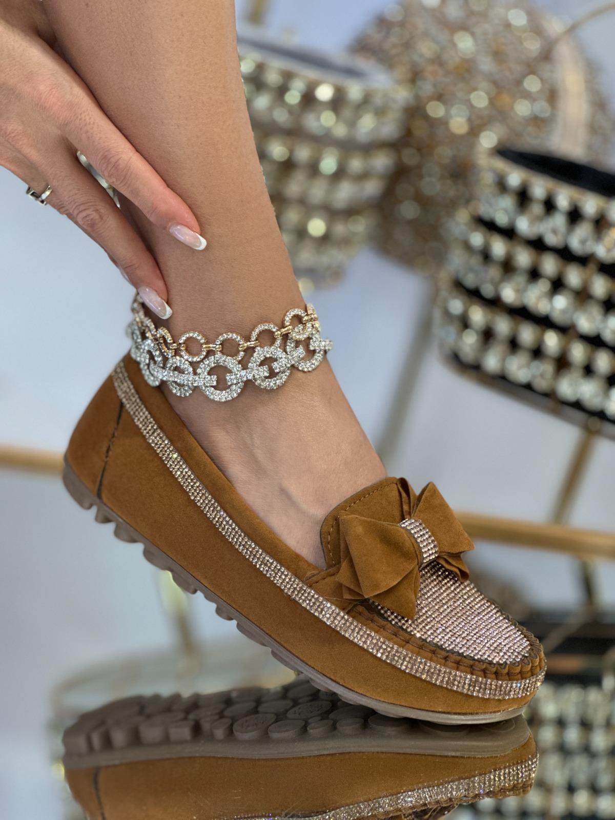 Sax Kristal Taşlı Süet Babet Kahverengi - KADIN AYAKKABI