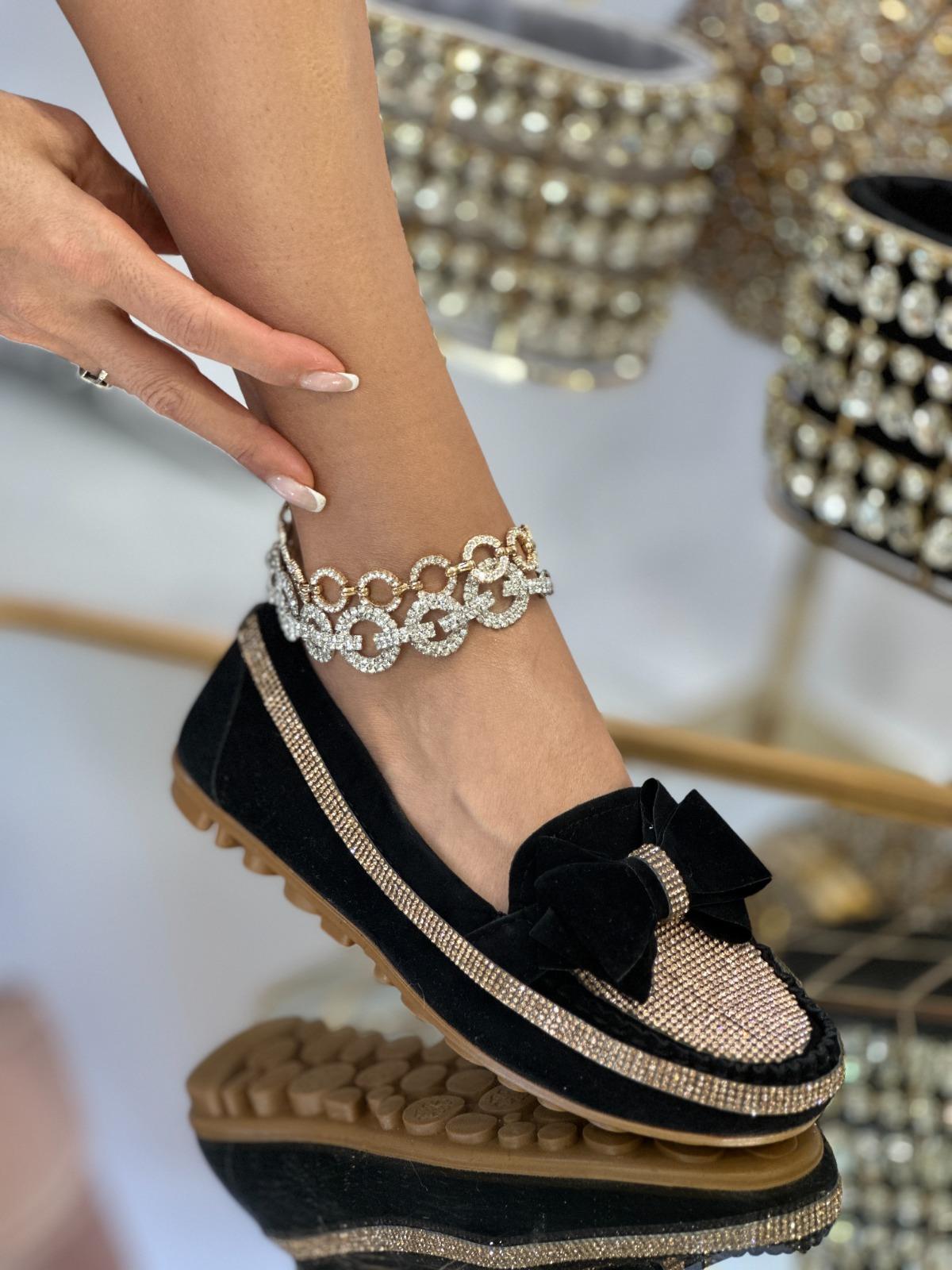 Sax Kristal Taşlı Süet Babet Siyah - WOMAN SHOES