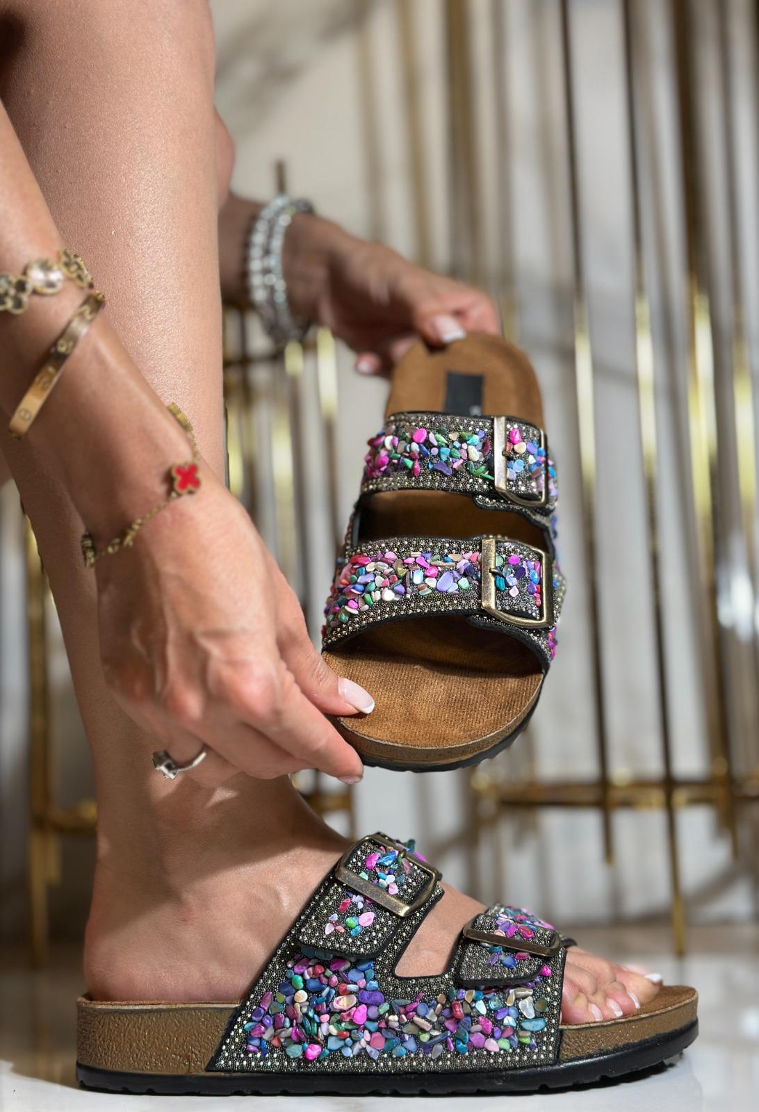 Seastone Kristal Taşlı Özel Tasarım Terlik Colorful 2 - KADIN AYAKKABI