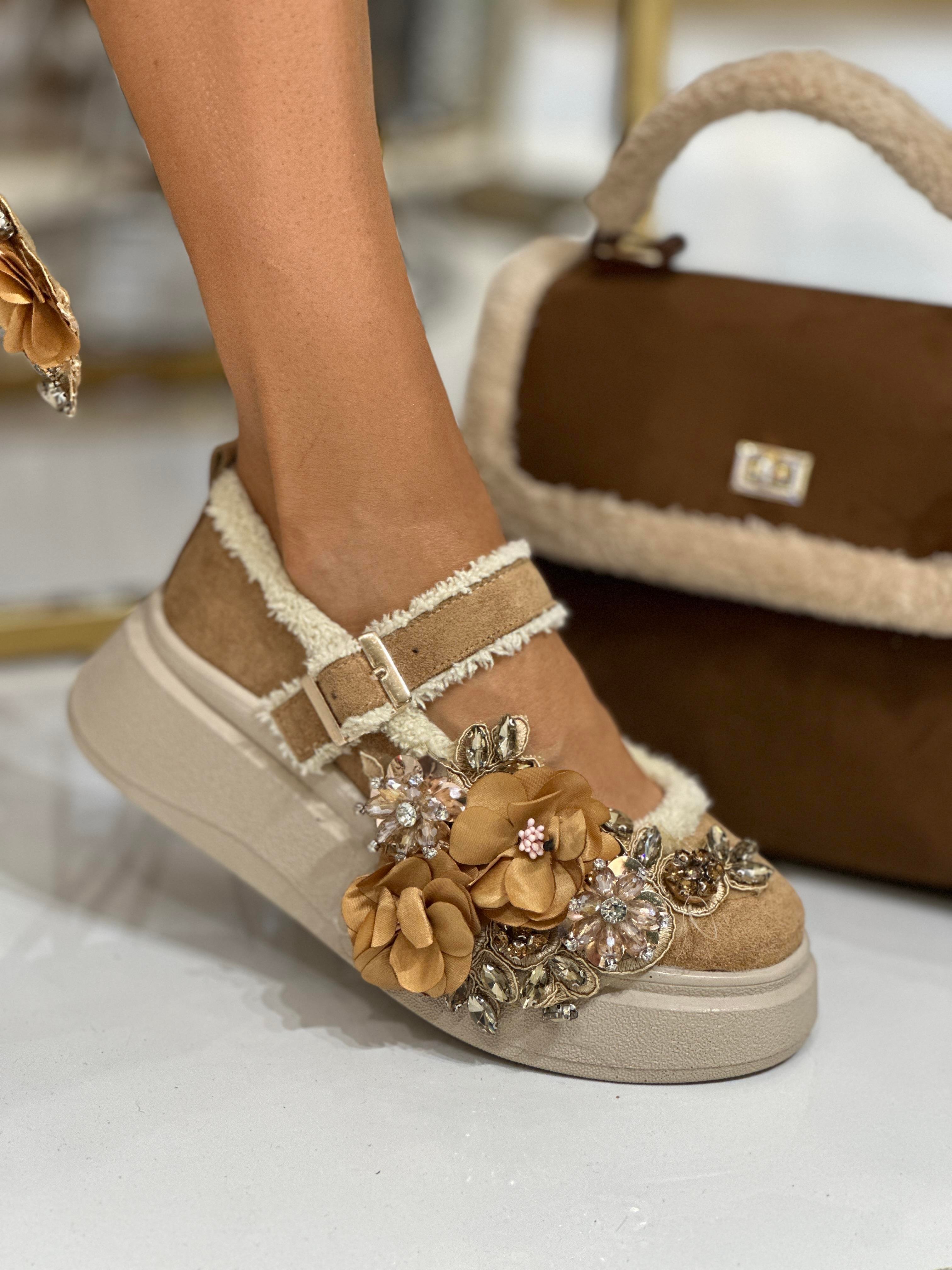 Selen Çiçek Desenli Süet Loafer Kahverengi - Loafer