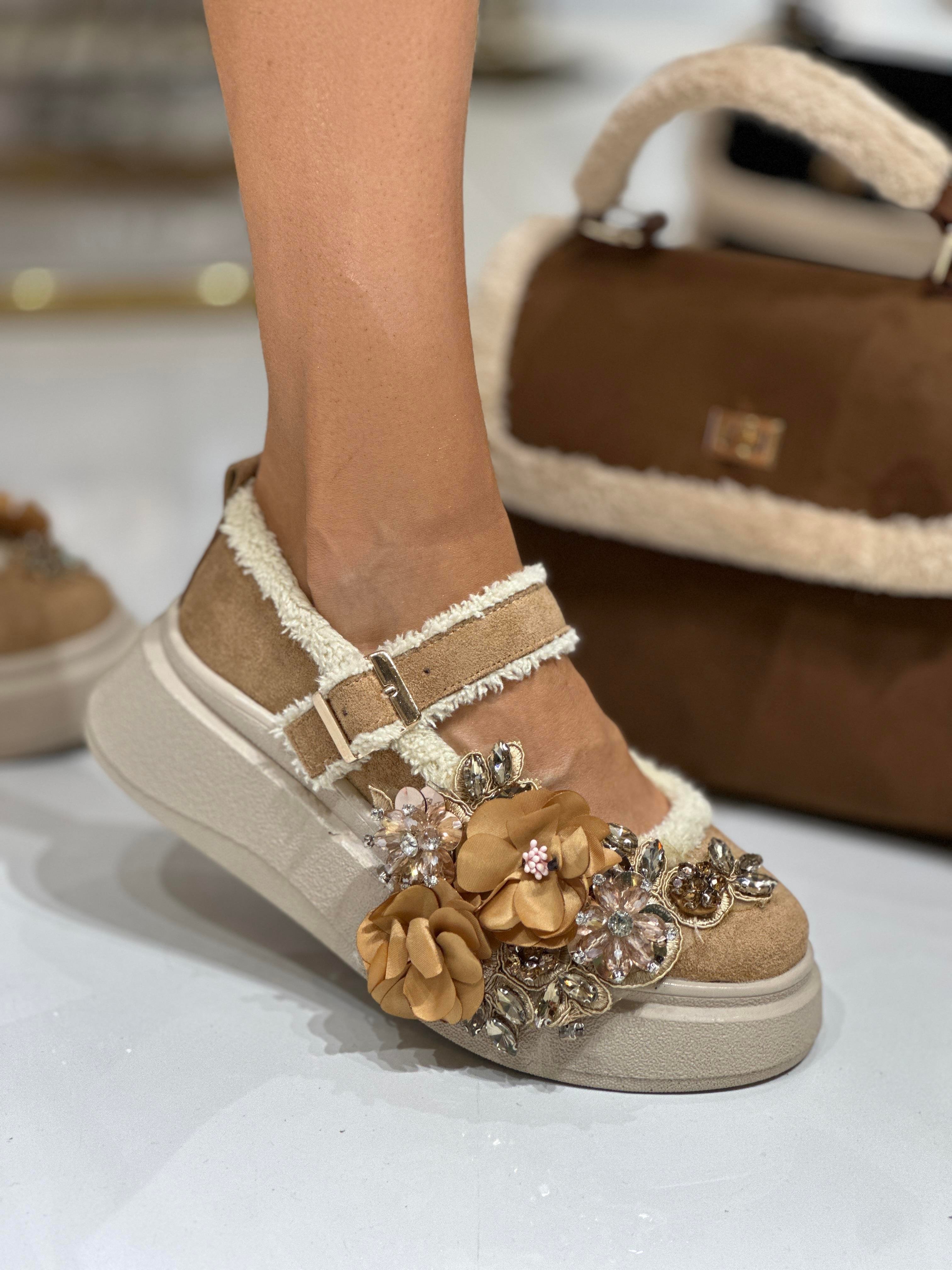 Selen Çiçek Desenli Süet Loafer Kahverengi - Loafer