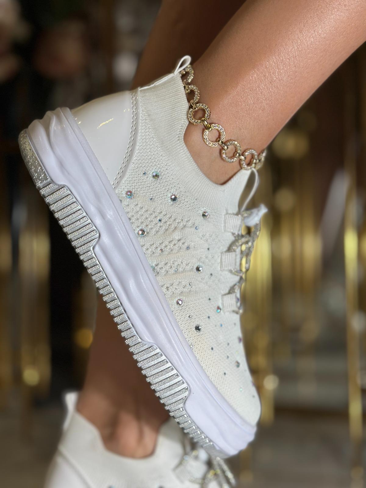 Semmy Kristal Taşlı Triko Spor Ayakkabı Beyaz - WOMAN SHOES