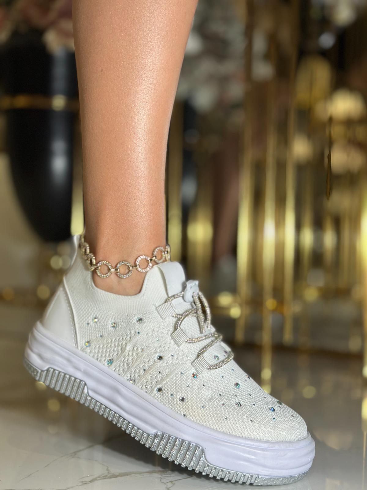 Semmy Kristal Taşlı Triko Spor Ayakkabı Beyaz - WOMAN SHOES