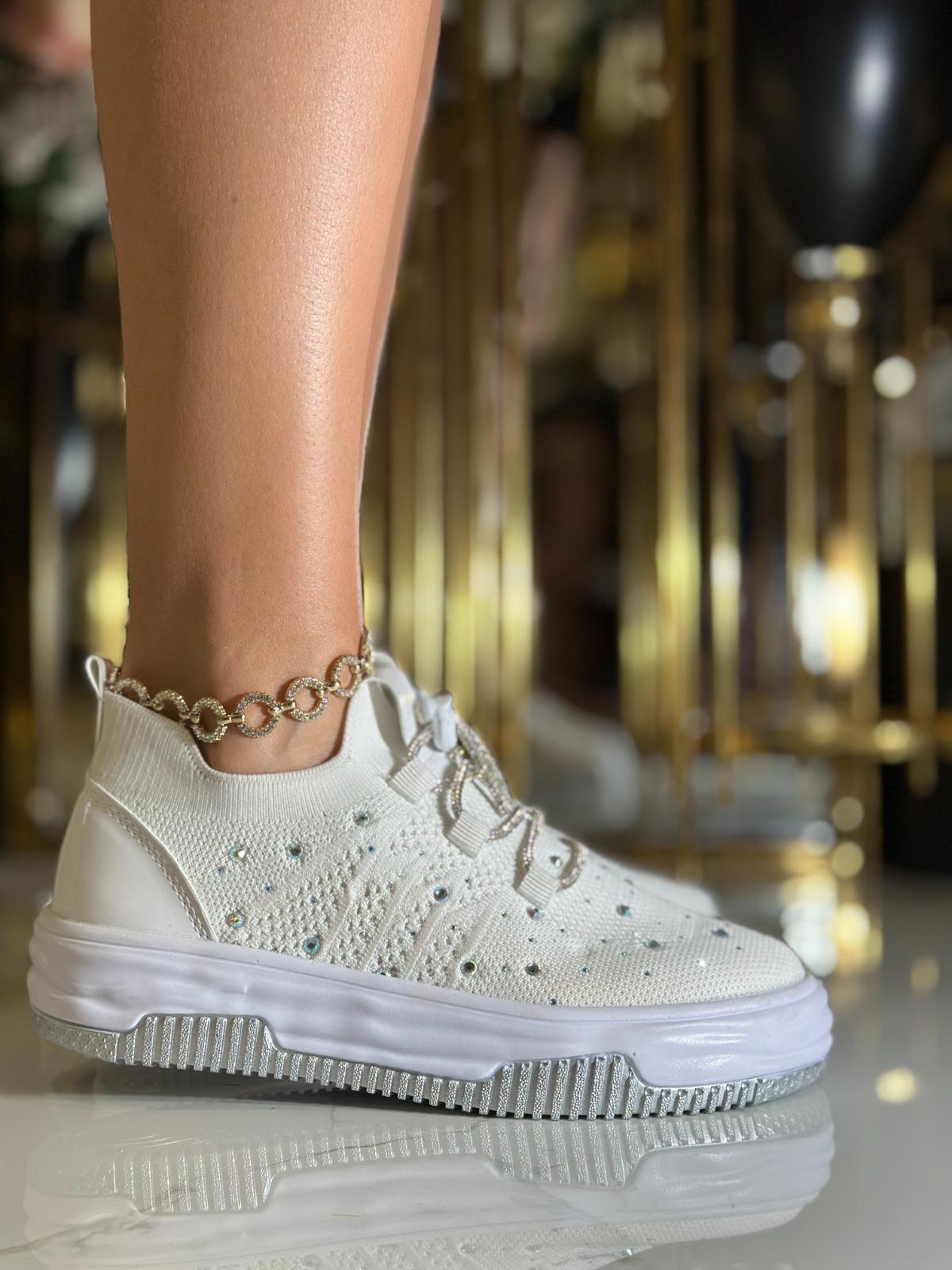 Semmy Kristal Taşlı Triko Spor Ayakkabı Beyaz - WOMAN SHOES