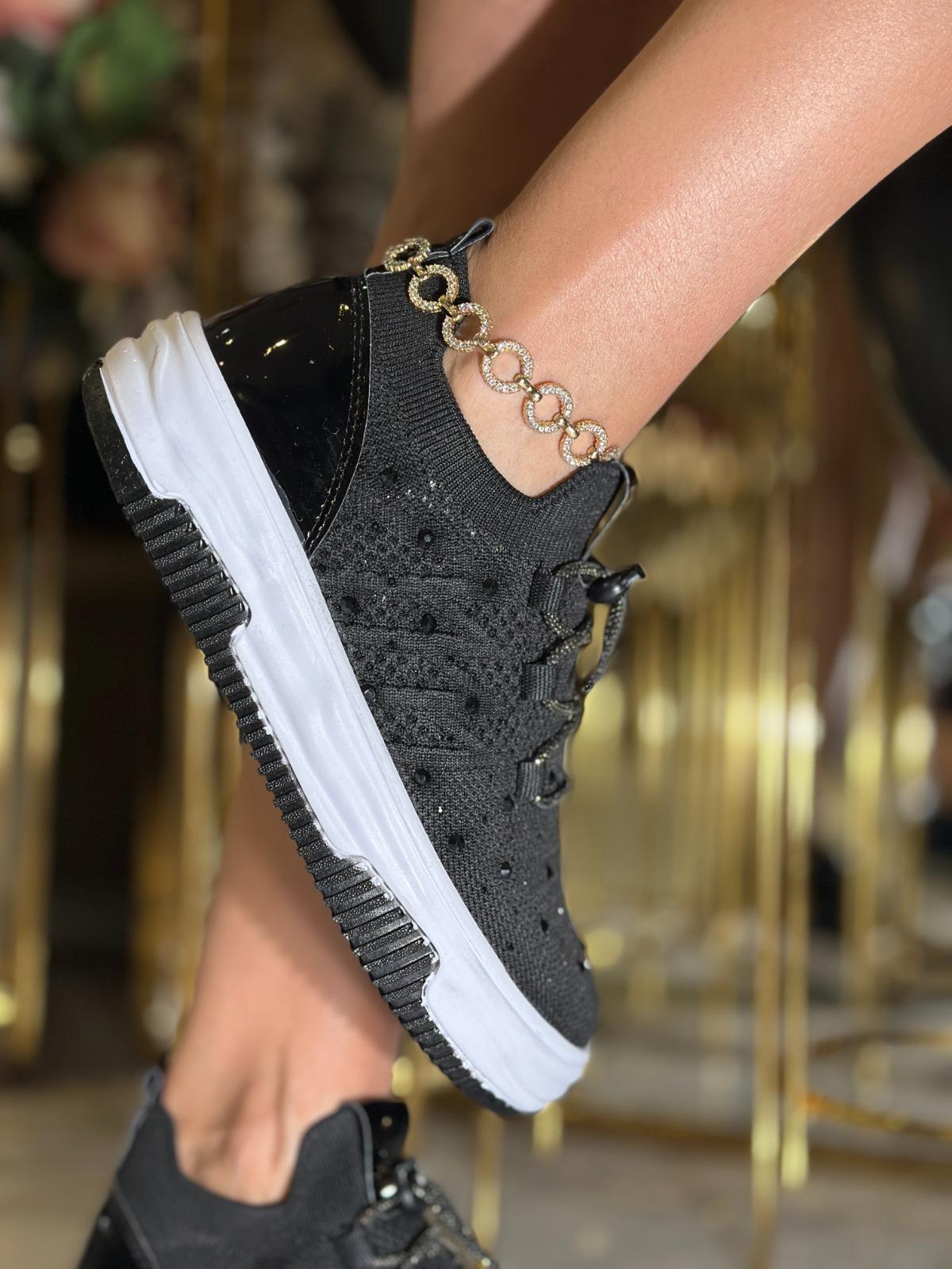 Semmy Kristal Taşlı Triko Spor Ayakkabı Siyah - WOMAN SHOES