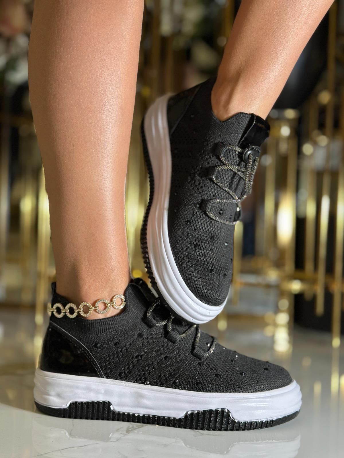 Semmy Kristal Taşlı Triko Spor Ayakkabı Siyah - WOMAN SHOES