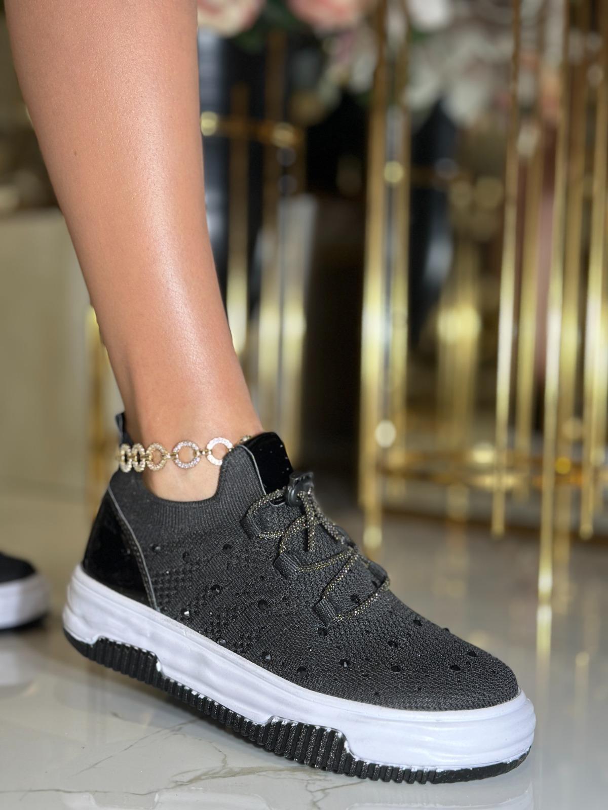 Semmy Kristal Taşlı Triko Spor Ayakkabı Siyah - WOMAN SHOES