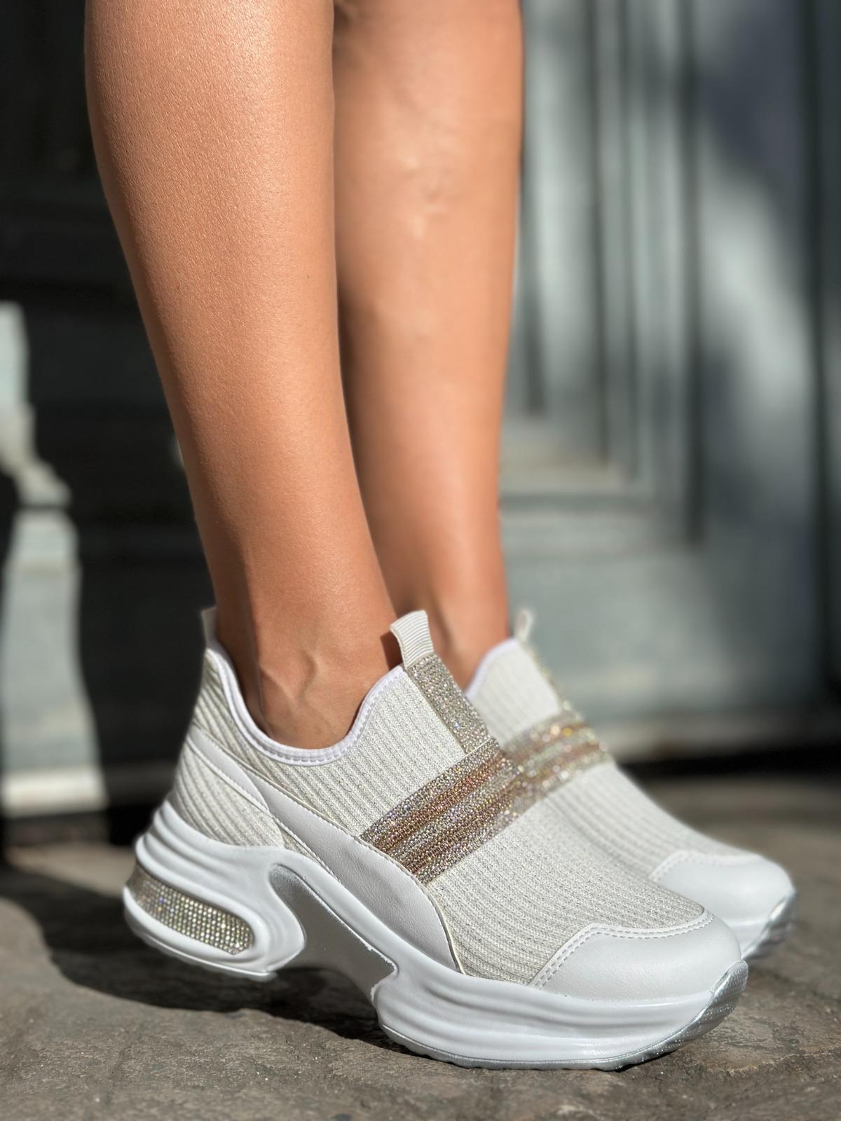 Shade Kristal Taşlı Triko Spor Ayakkabı Krem - Spor Ayakkabı