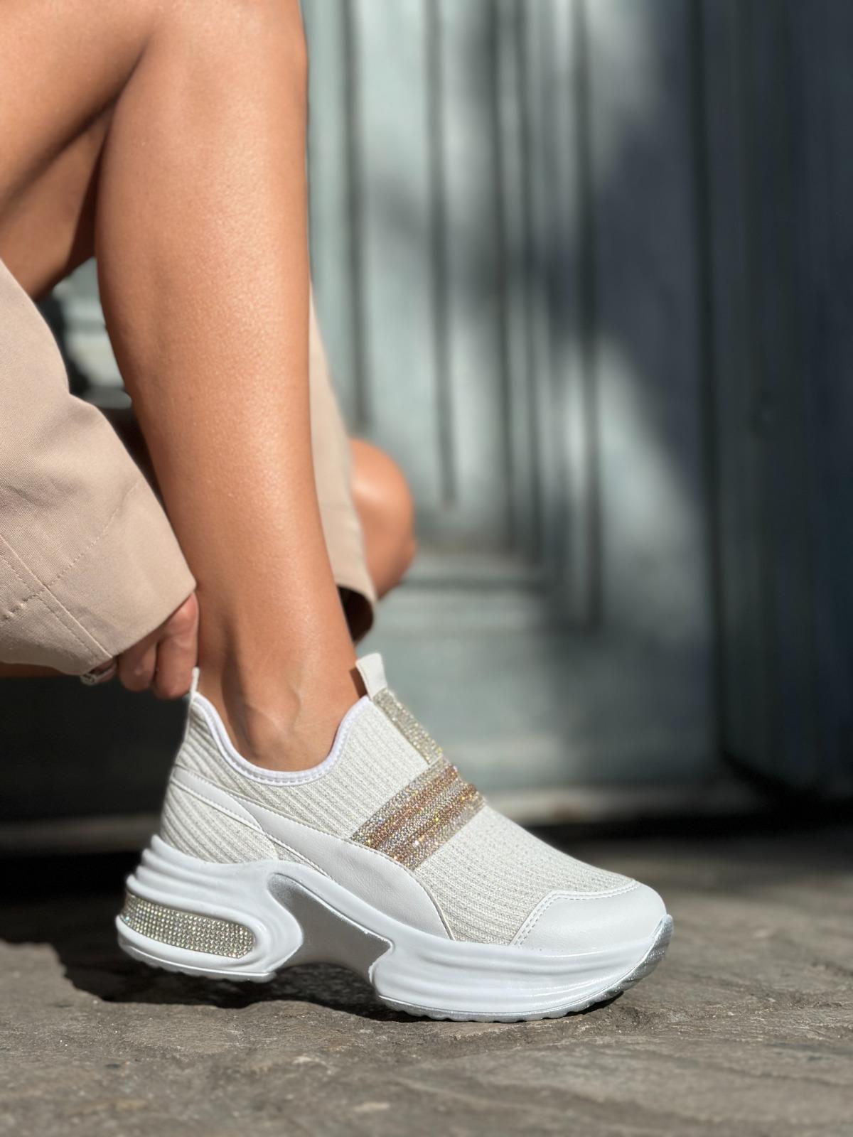 Shade Kristal Taşlı Triko Spor Ayakkabı Krem - Spor Ayakkabı