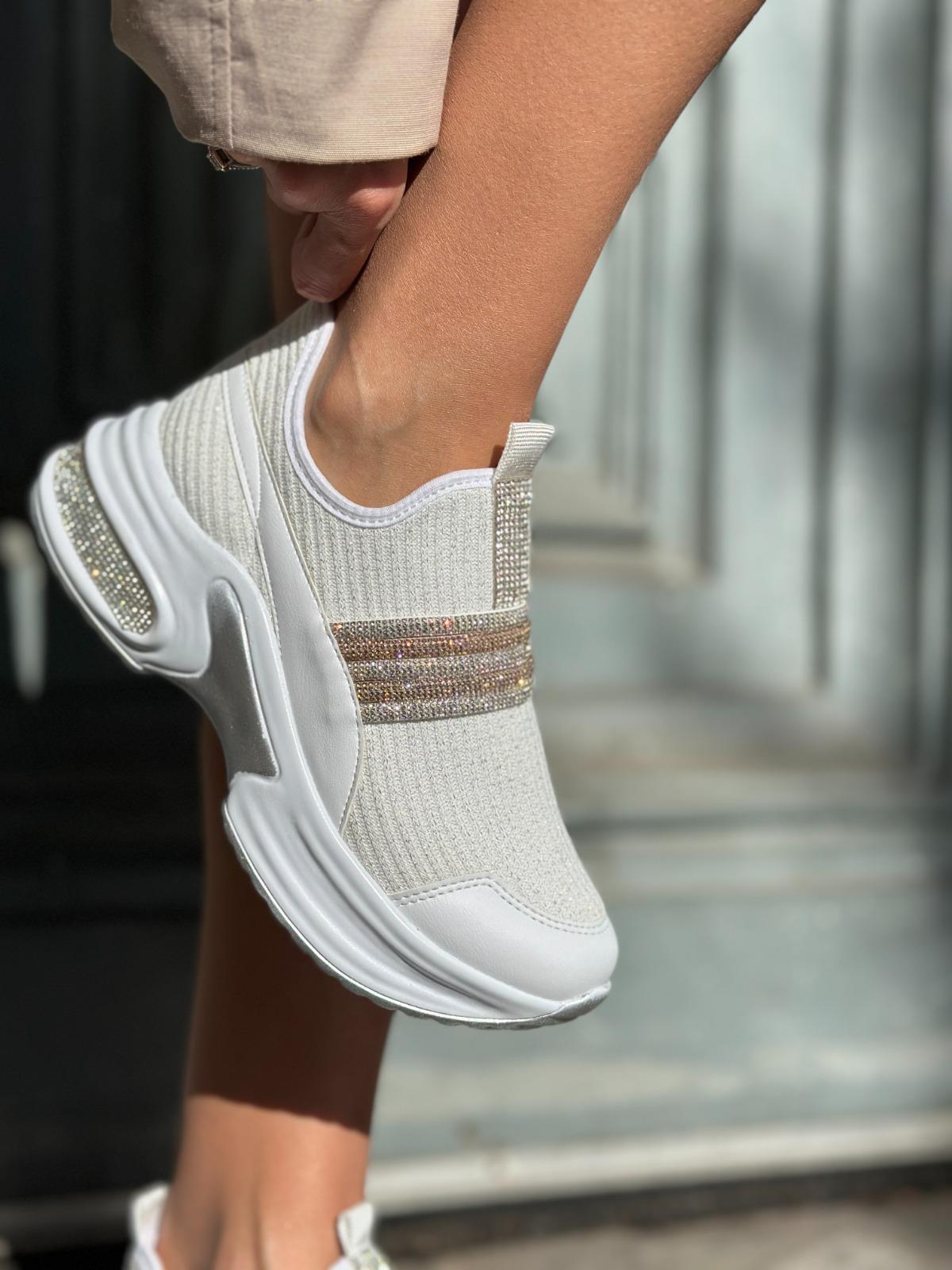 Shade Kristal Taşlı Triko Spor Ayakkabı Krem - Spor Ayakkabı