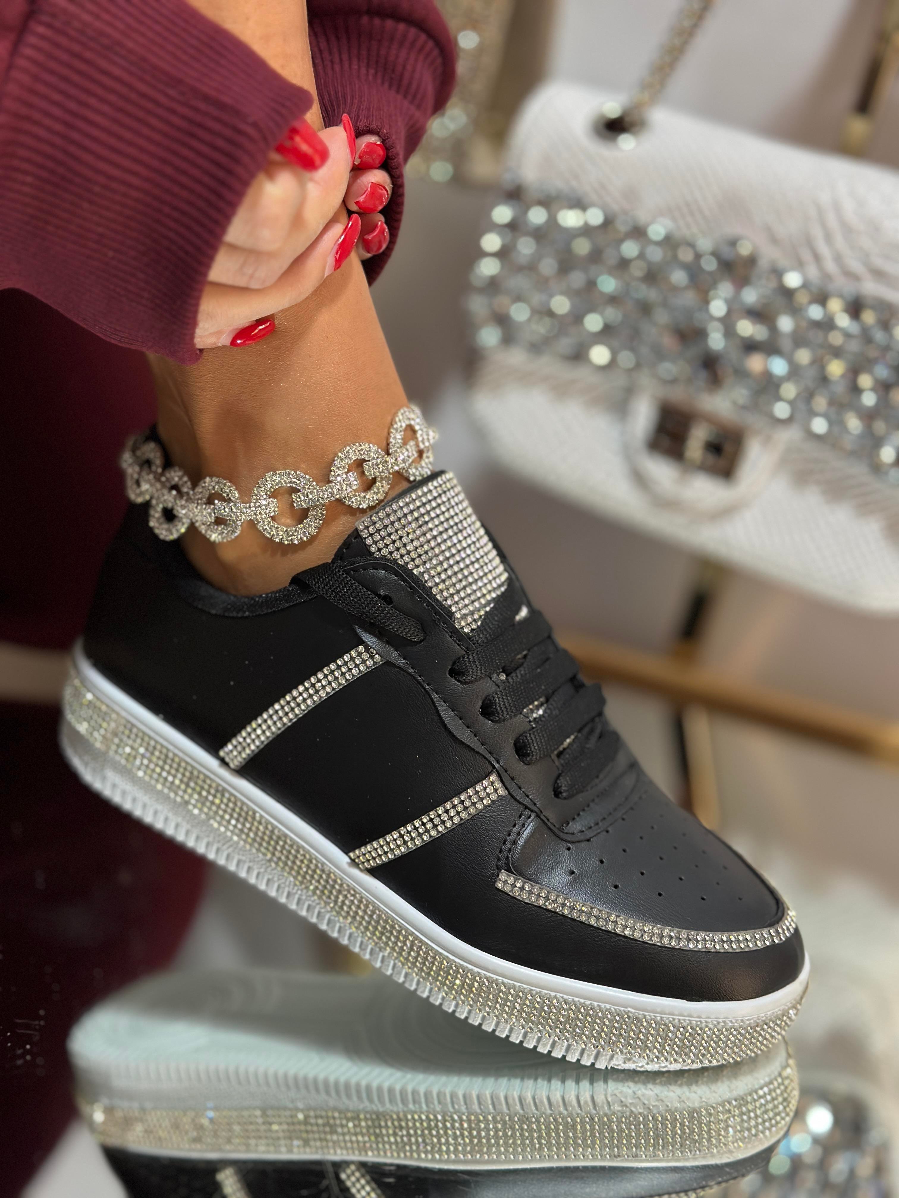 Shang Kristal Taşlı Spor Ayakkabı Siyah Beyaz - KADIN AYAKKABI