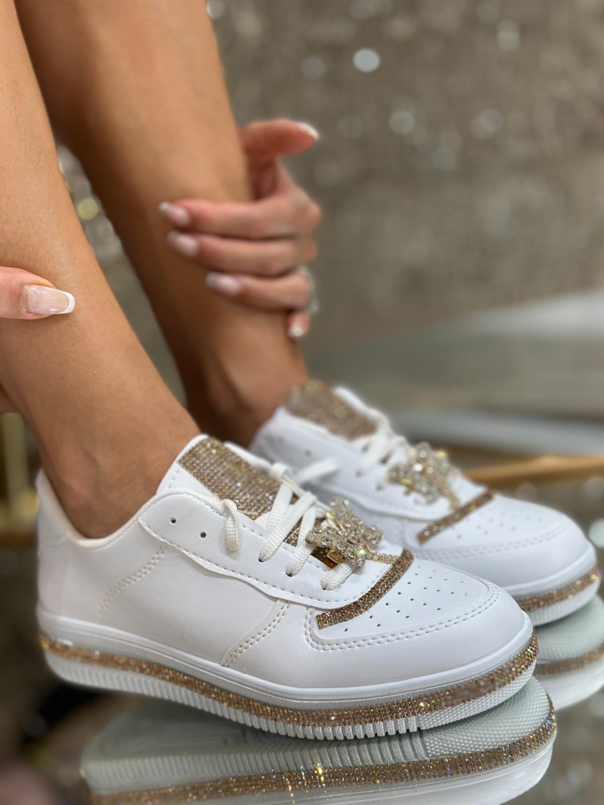 She Kristal Taşlı Özel Tasarım Spor Ayakkabı Beyaz Gold - WOMAN SHOES