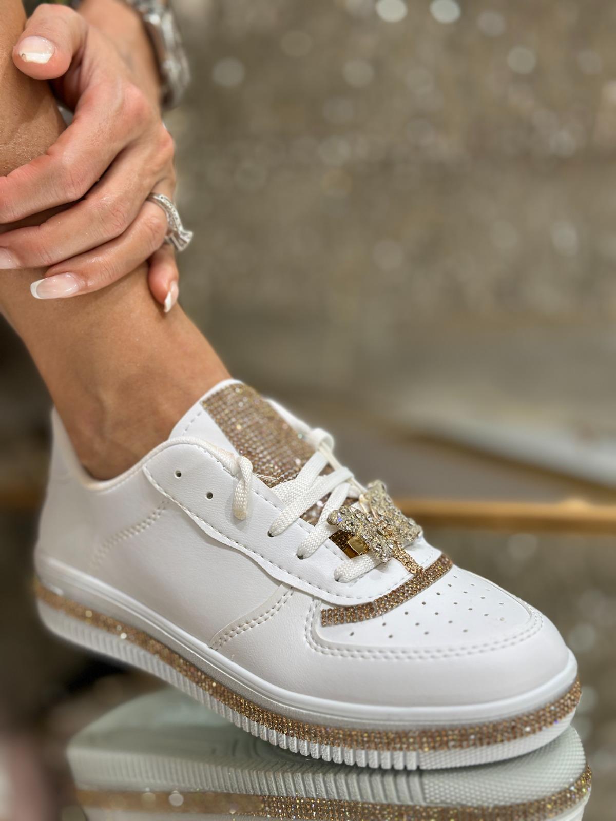 She Kristal Taşlı Özel Tasarım Spor Ayakkabı Beyaz Gold - WOMAN SHOES