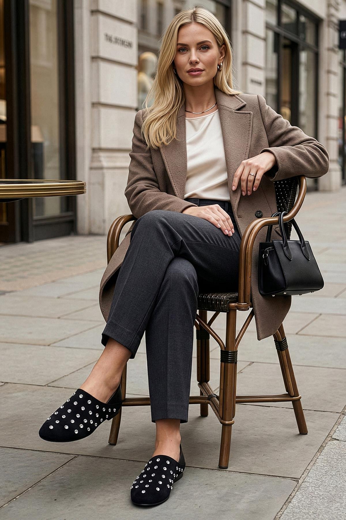 Silver Stud Süet Babet Siyah - Düz Babet