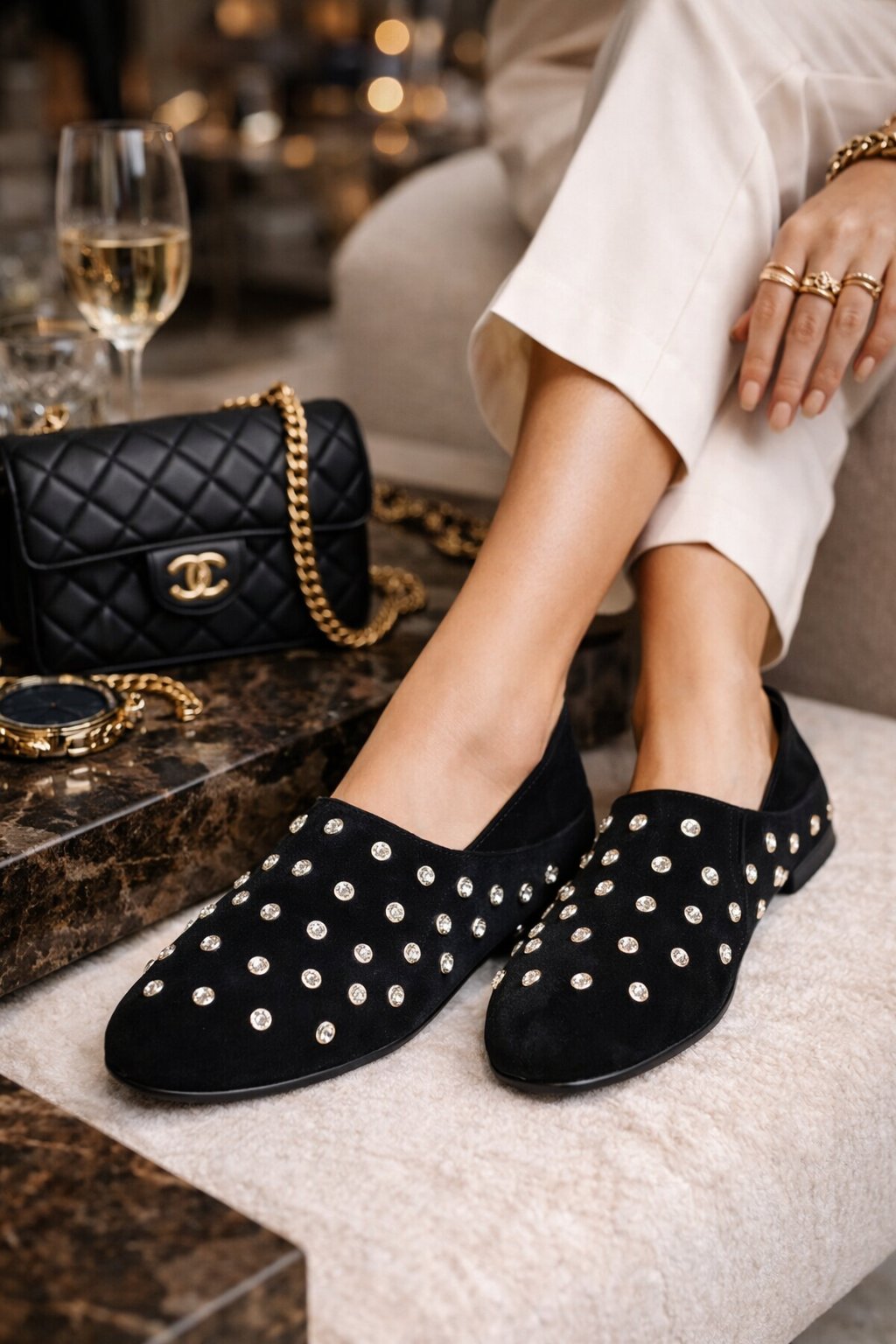 Silver Stud Süet Babet Siyah - Düz Babet