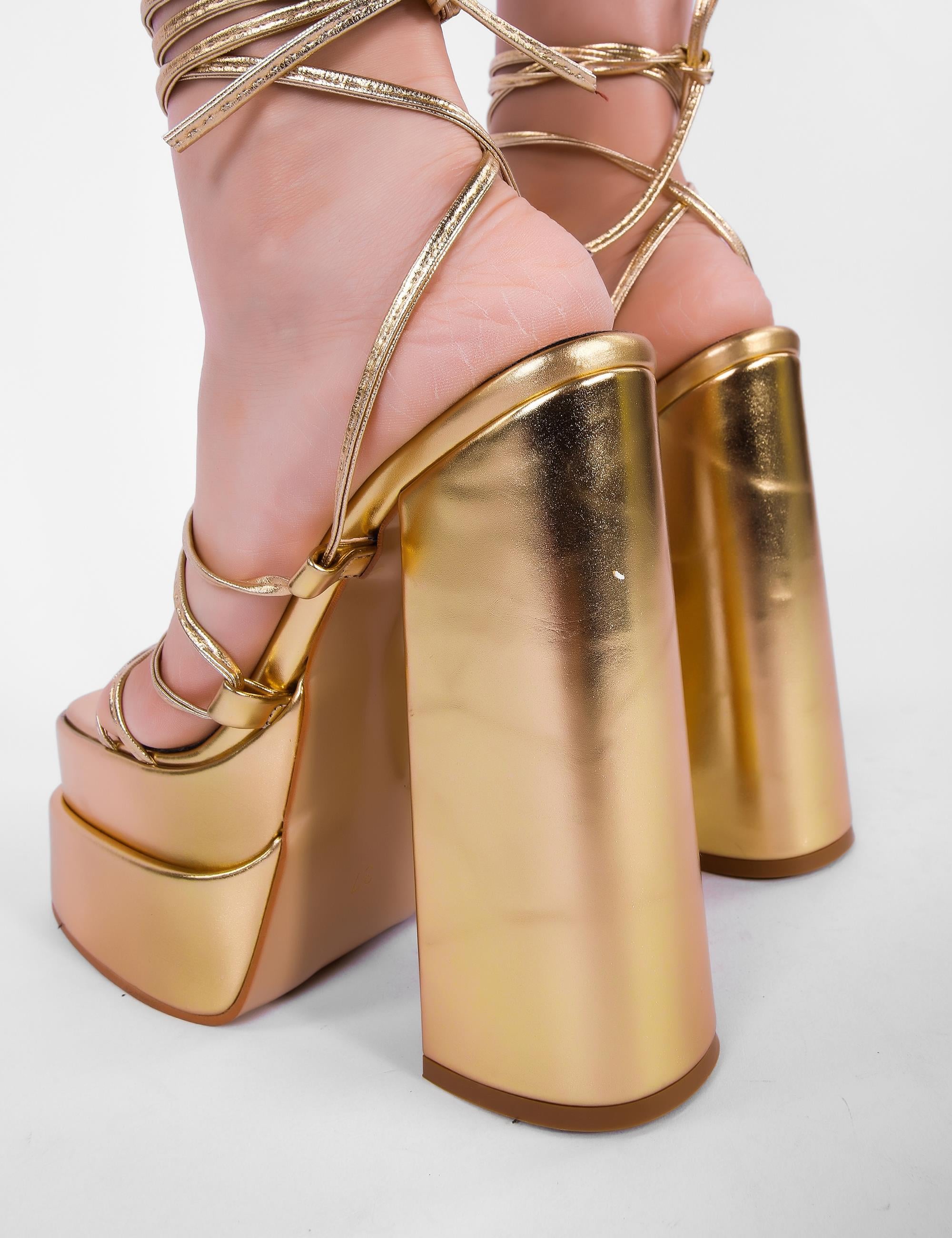 Tasha Crystal Stone Platform Heels Gold - WOMAN SHOES