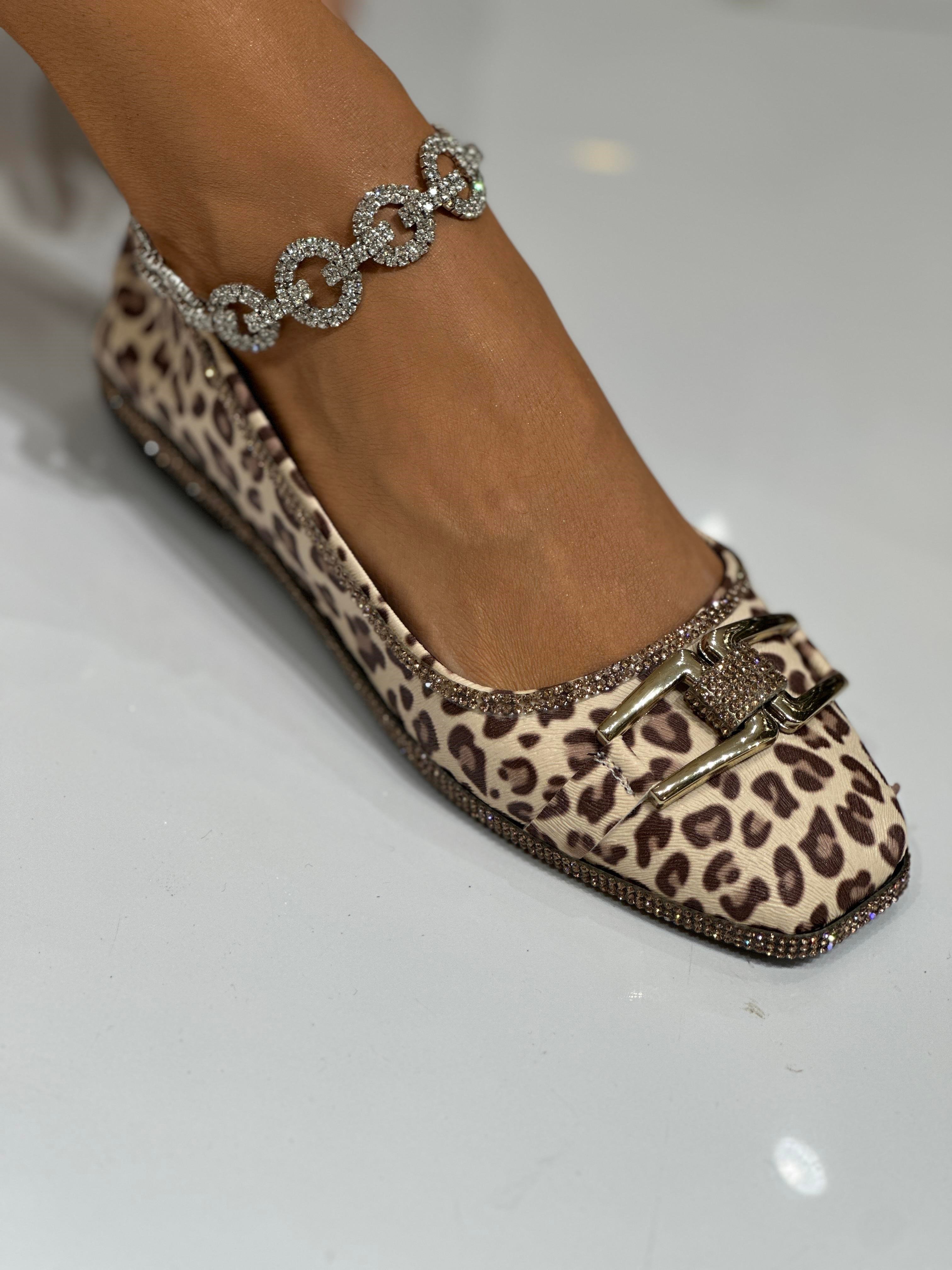 So Crystal 5 Taşlı Babet Leopar - Düz Babet