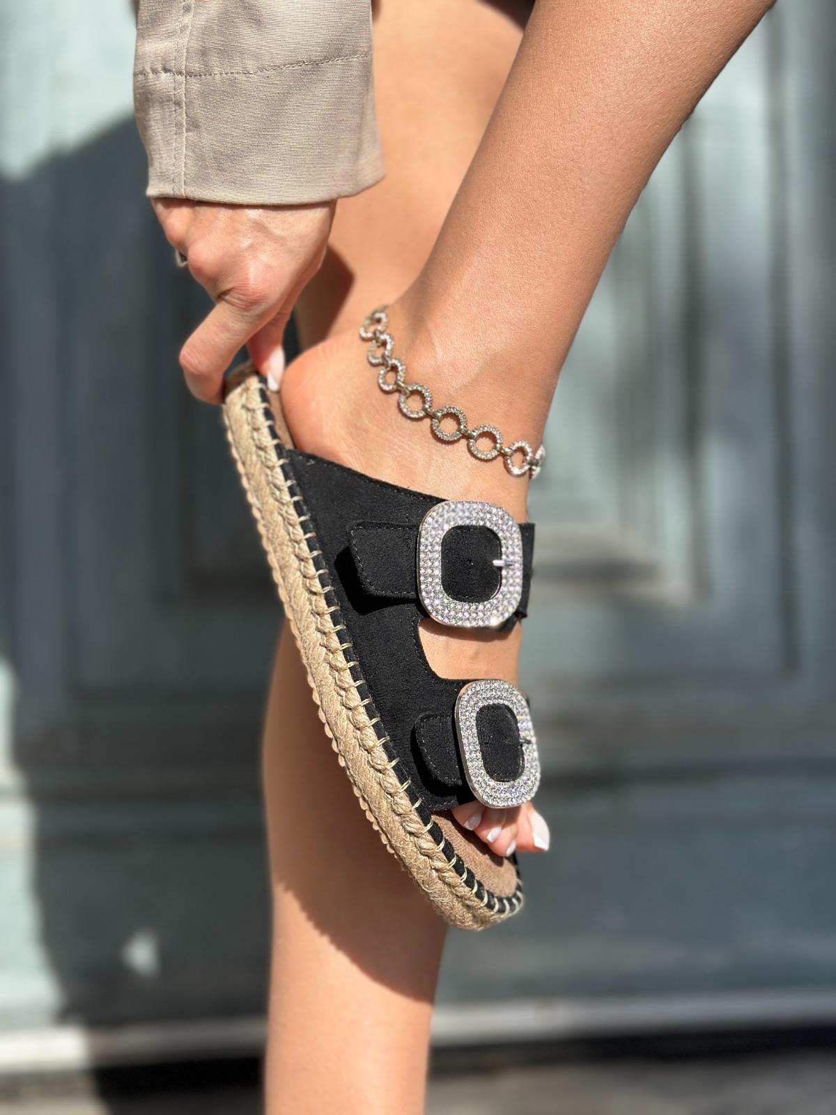 Sugua Kristal Taşlı Hasır Taban Terlik Siyah - WOMAN SHOES