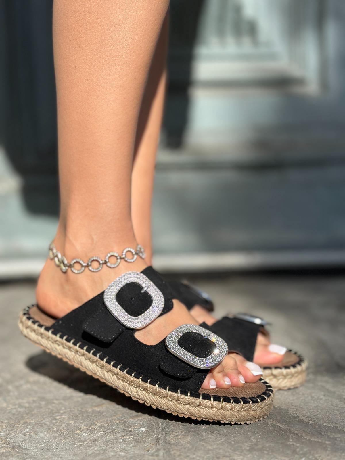 Sugua Kristal Taşlı Hasır Taban Terlik Siyah - WOMAN SHOES