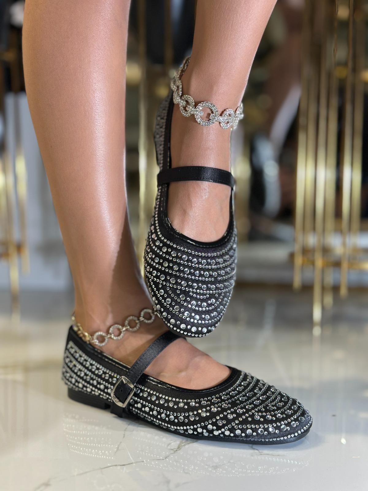 Sun Kristal Taşlı Özel Tasarım Babet Siyah - WOMAN SHOES