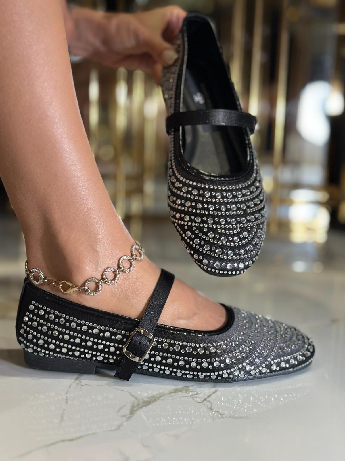 Sun Kristal Taşlı Özel Tasarım Babet Siyah - WOMAN SHOES