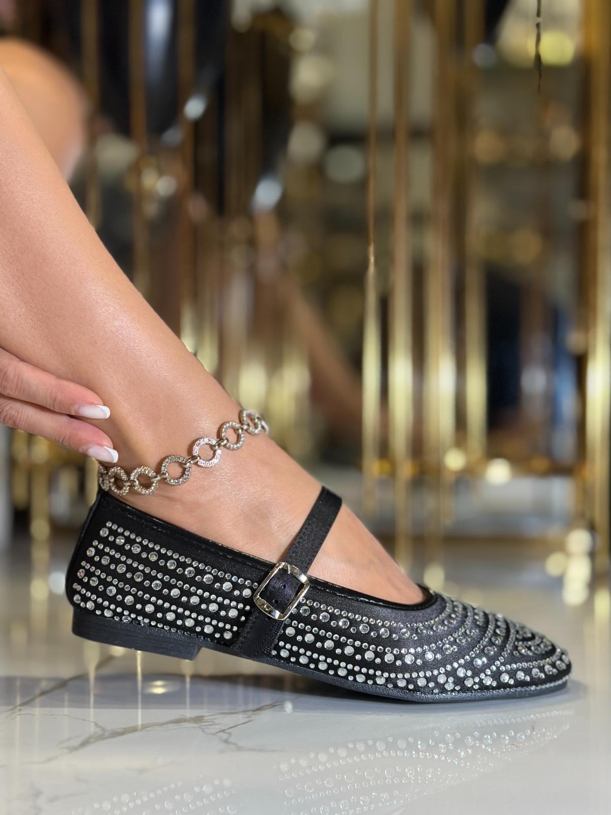 Sun Kristal Taşlı Özel Tasarım Babet Siyah - WOMAN SHOES