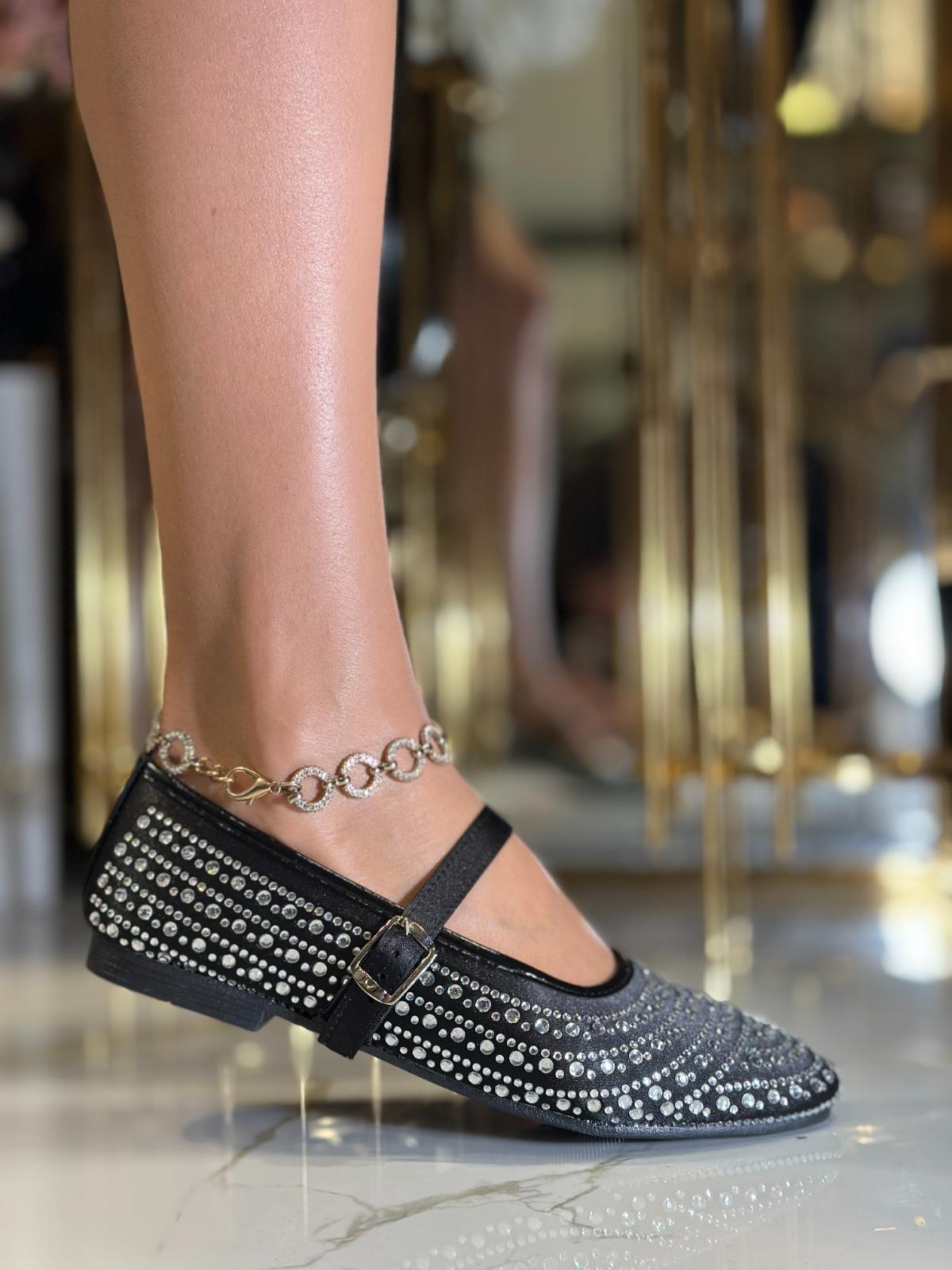 Sun Kristal Taşlı Özel Tasarım Babet Siyah - WOMAN SHOES