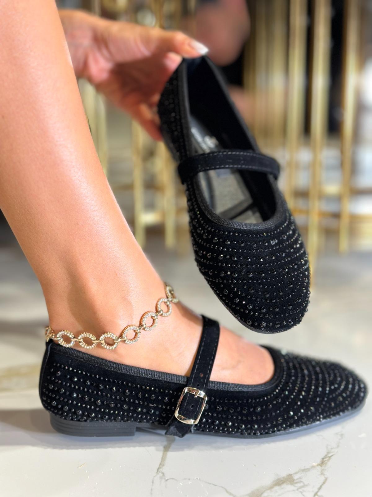 Sun Kristal Taşlı Özel Tasarım Süet Babet Siyah - WOMAN SHOES