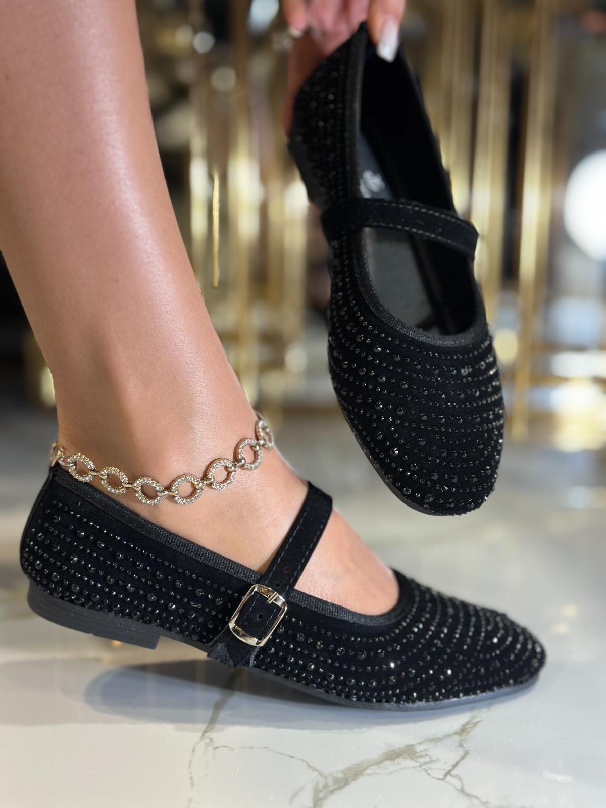 Sun Kristal Taşlı Özel Tasarım Süet Babet Siyah - WOMAN SHOES