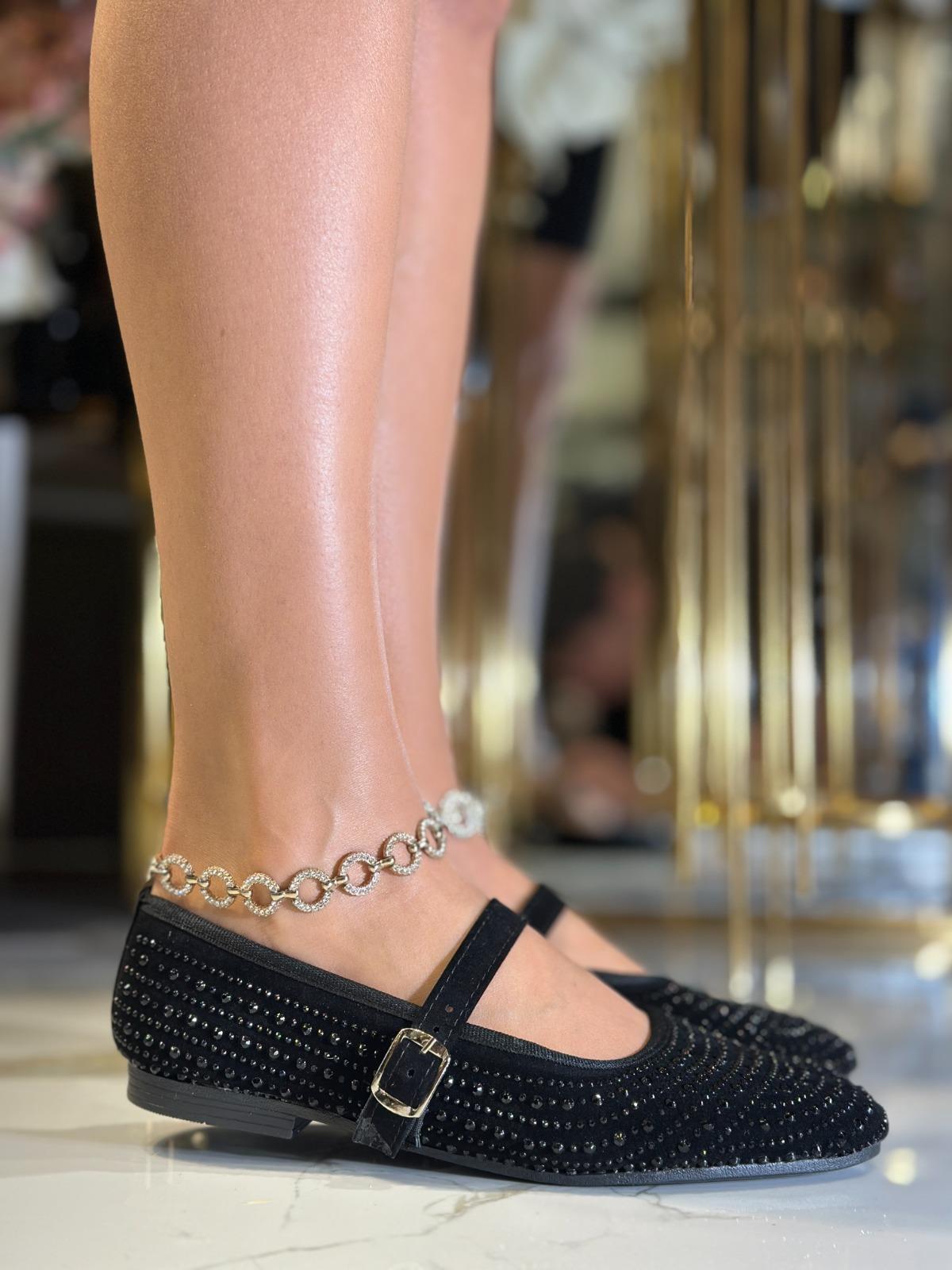 Sun Kristal Taşlı Özel Tasarım Süet Babet Siyah - WOMAN SHOES