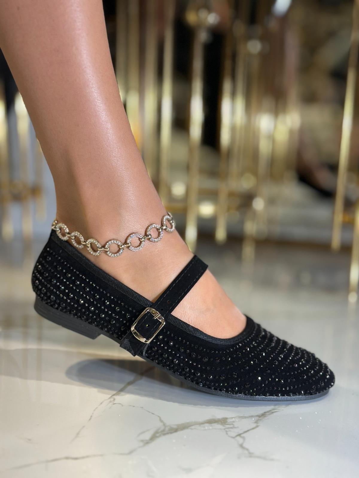 Sun Kristal Taşlı Özel Tasarım Süet Babet Siyah - WOMAN SHOES