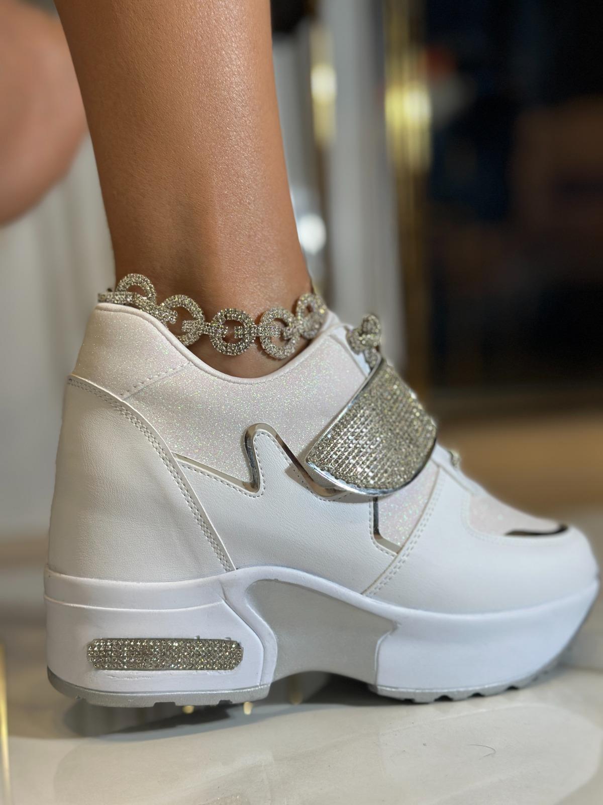 Tiha Kristal Taşlı Gizli Topuklu Spor Ayakkabı Beyaz - Spor Ayakkabı