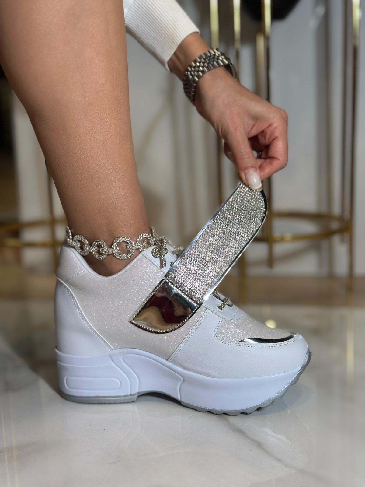 Tiha Kristal Taşlı Gizli Topuklu Spor Ayakkabı Beyaz - Spor Ayakkabı