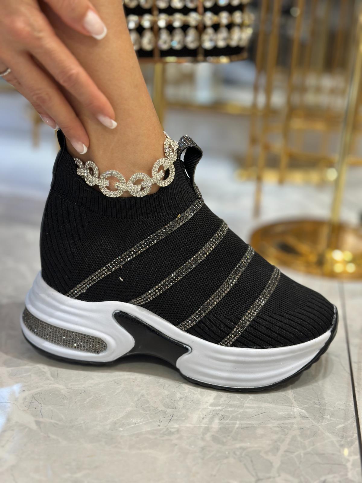 Triko Star Kristal Taşlı Özel Tasarım Spor Ayakkabı Siyah - WOMAN SHOES