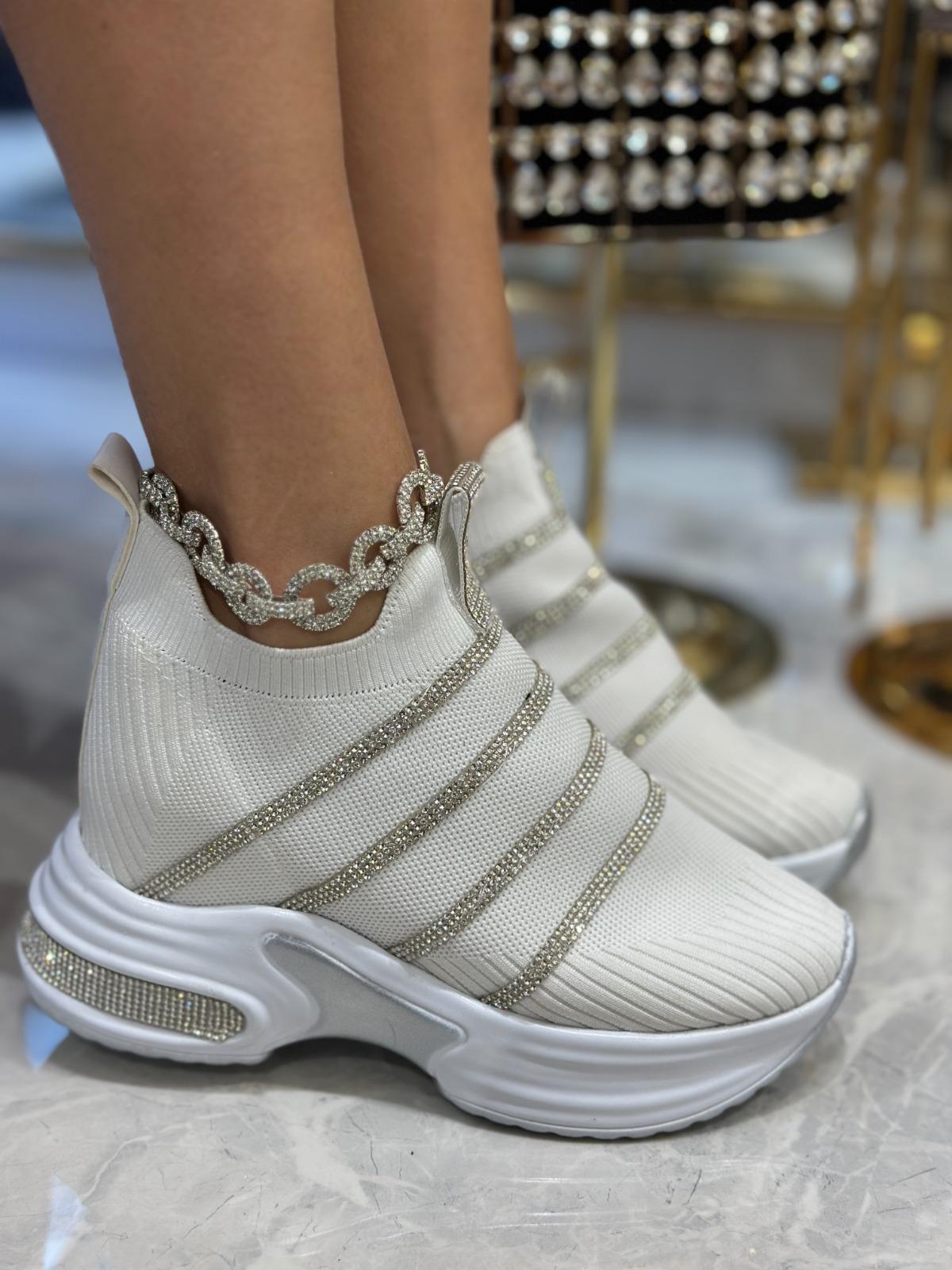 Triko Star Kristal Taşlı Özel Tasarım Spor Ayakkabı Beyaz - WOMAN SHOES