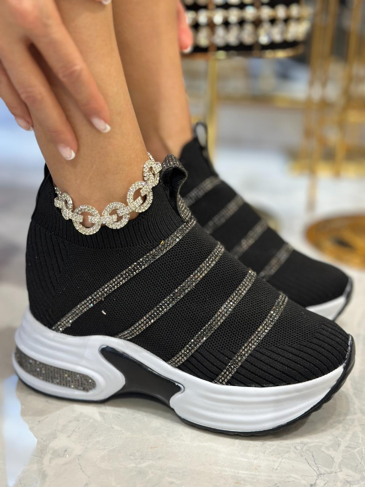 Triko Star Kristal Taşlı Özel Tasarım Spor Ayakkabı Siyah - Spor Ayakkabı